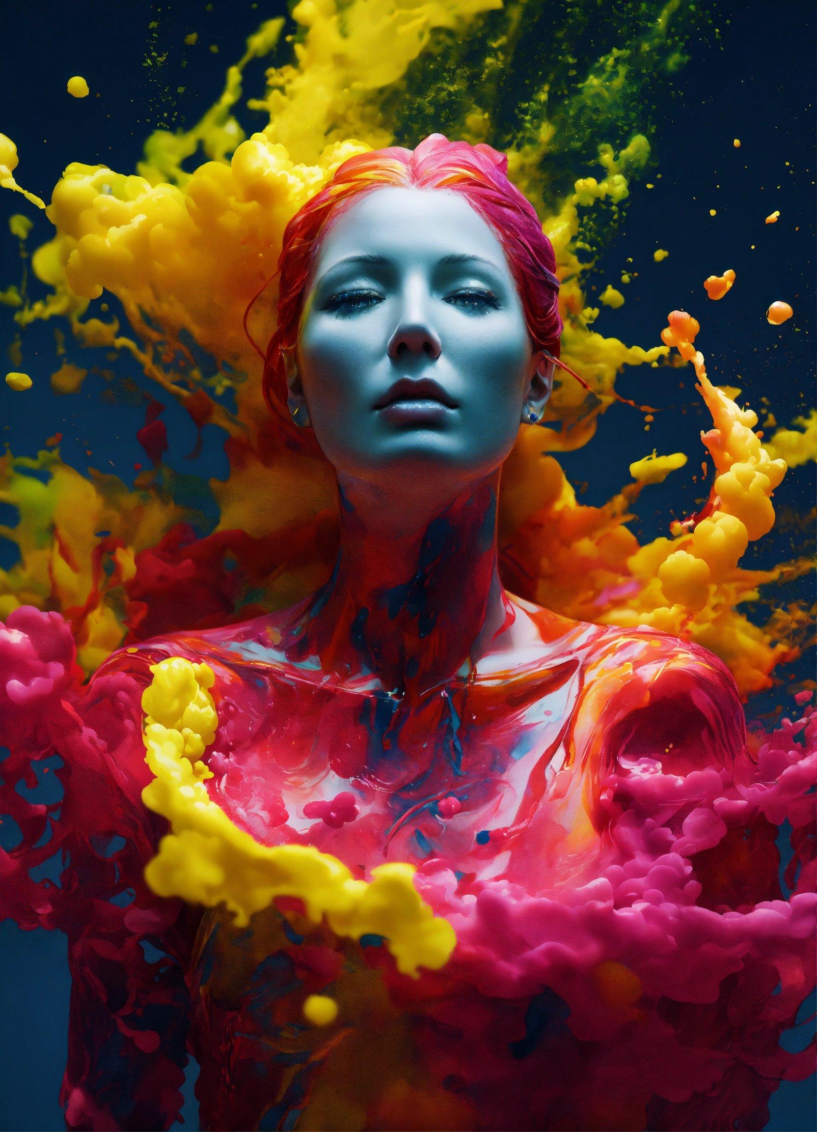 A Woman With Red Hair And Blue Eyes Is Surrounded By Colored Paint