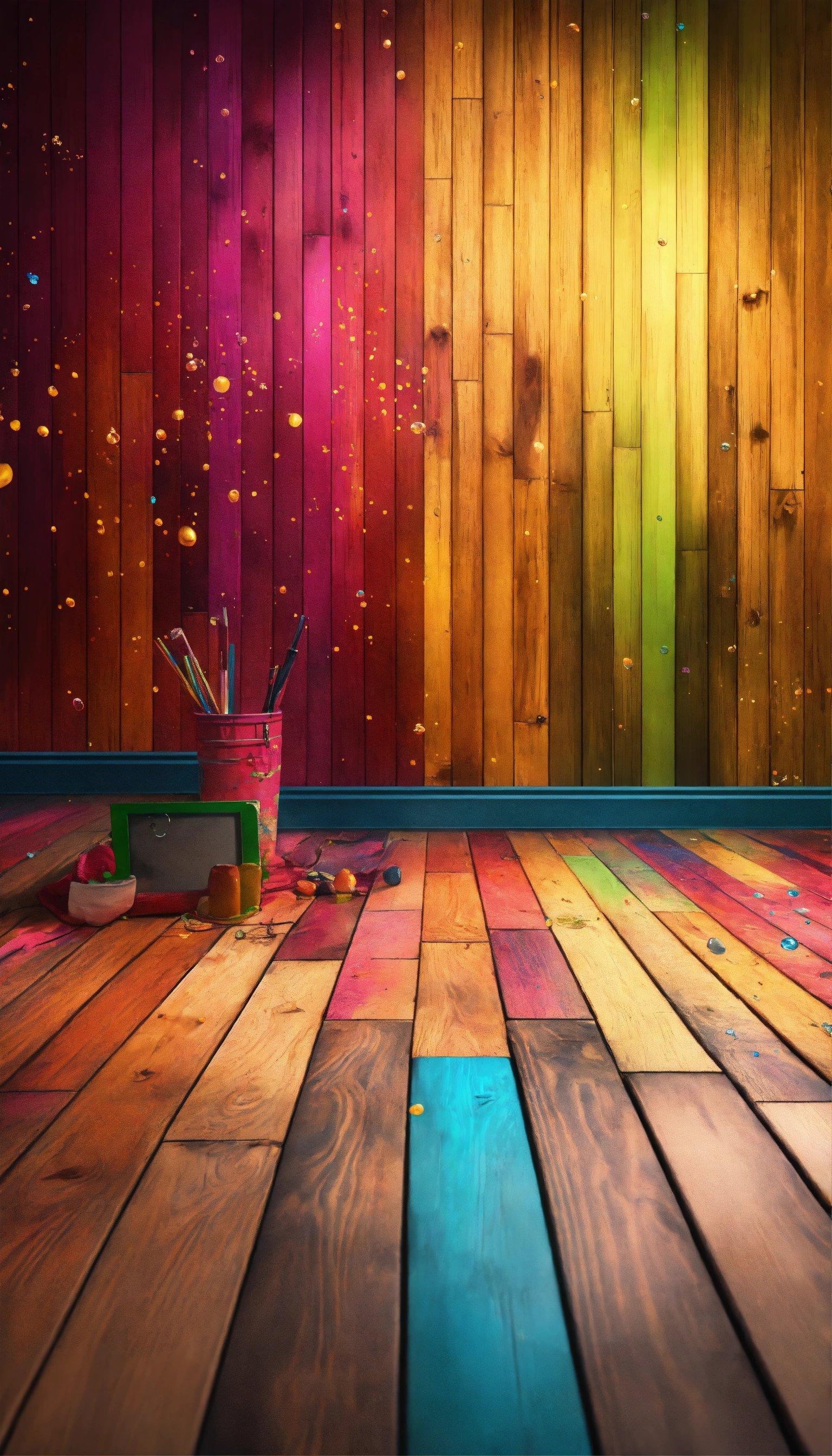 A Wooden Floor With A Bucket Of Paint Next To It