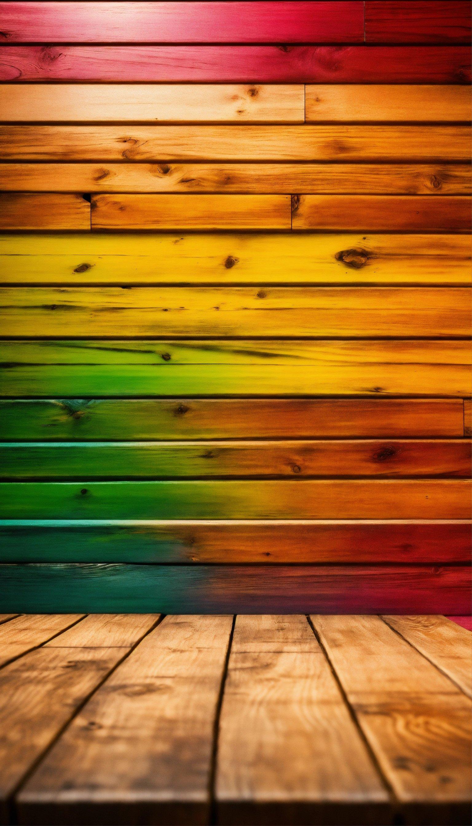 A Wooden Floor With A Multicolored Wall In The Background