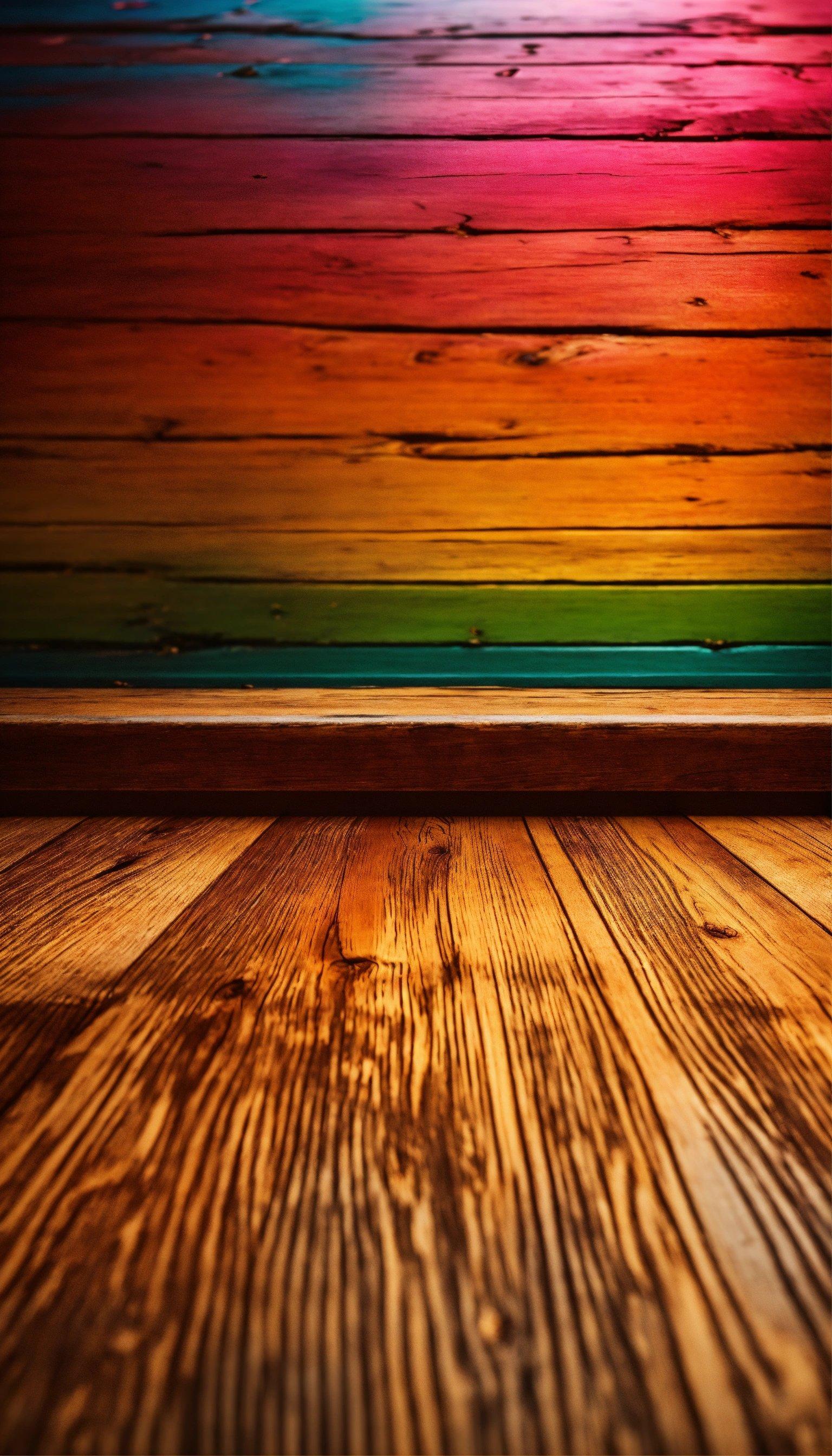 A Wooden Floor With A Rainbow Colored Wall In The Background