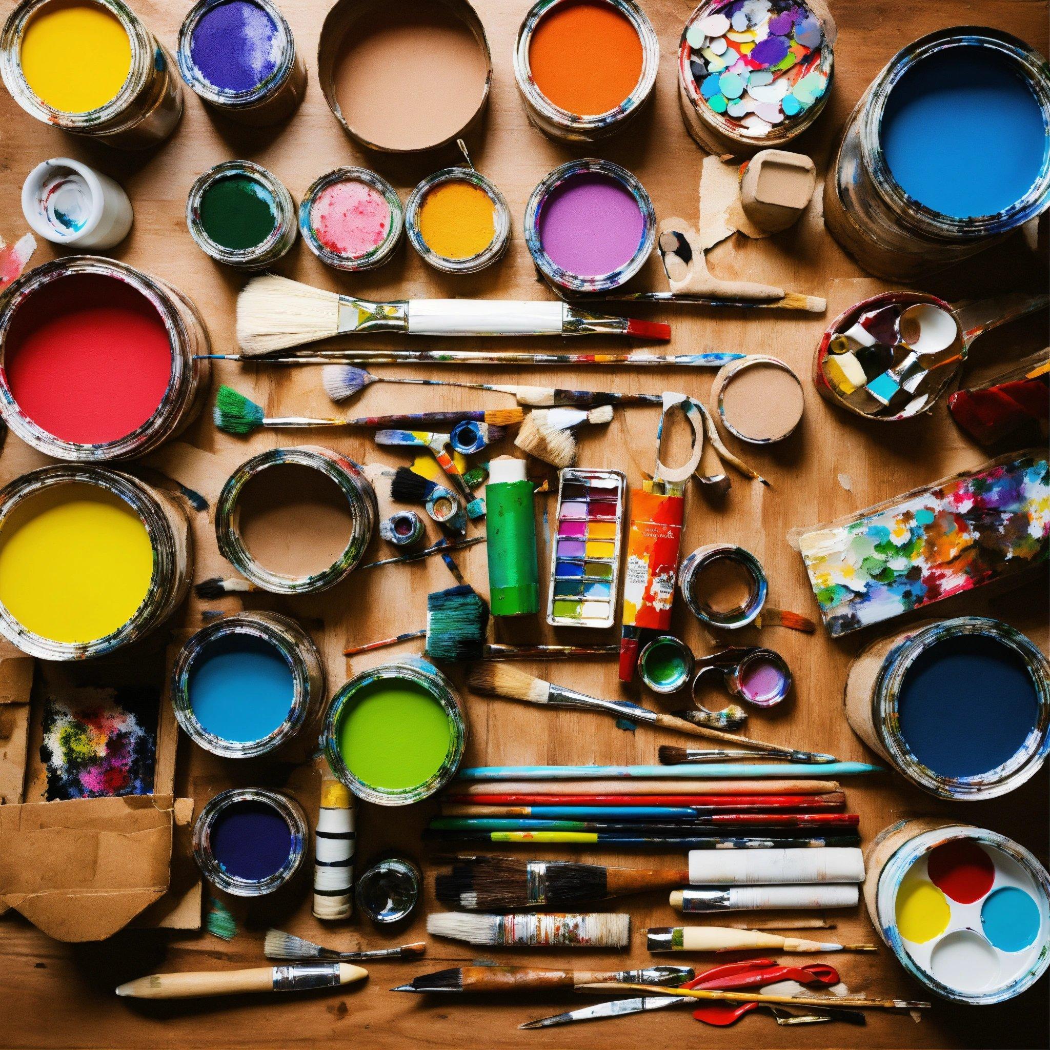 A Wooden Table Topped With Lots Of Paint And Brushes