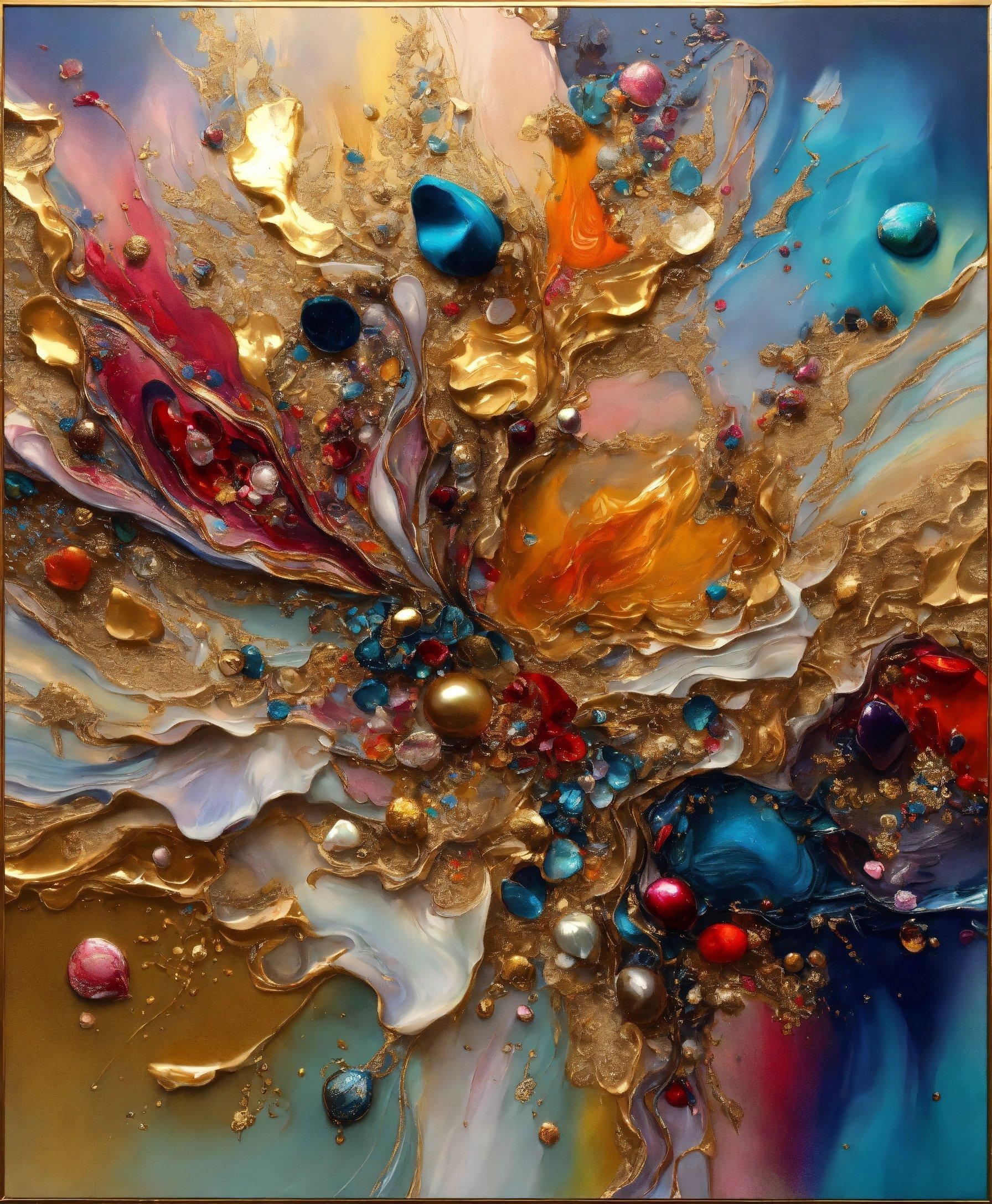 An Abstract Painting With Gold, Blue, And Red Colors