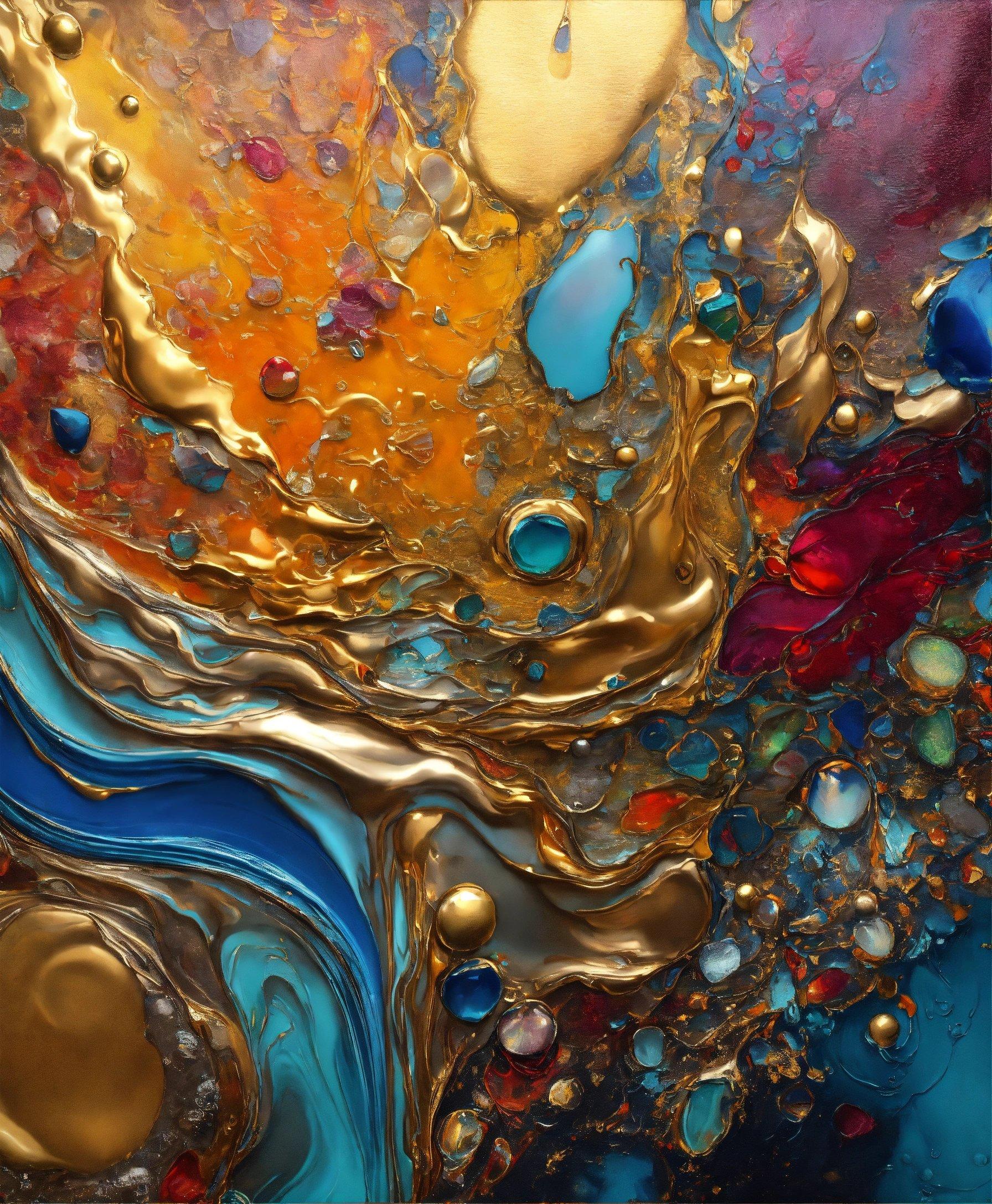 An Abstract Painting With Gold, Blue, And Red Colors