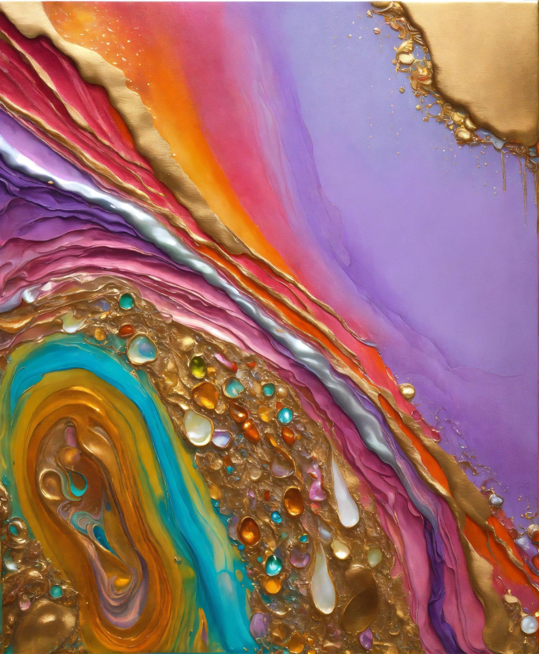 An Abstract Painting With Gold, Purple, And Blue Colors