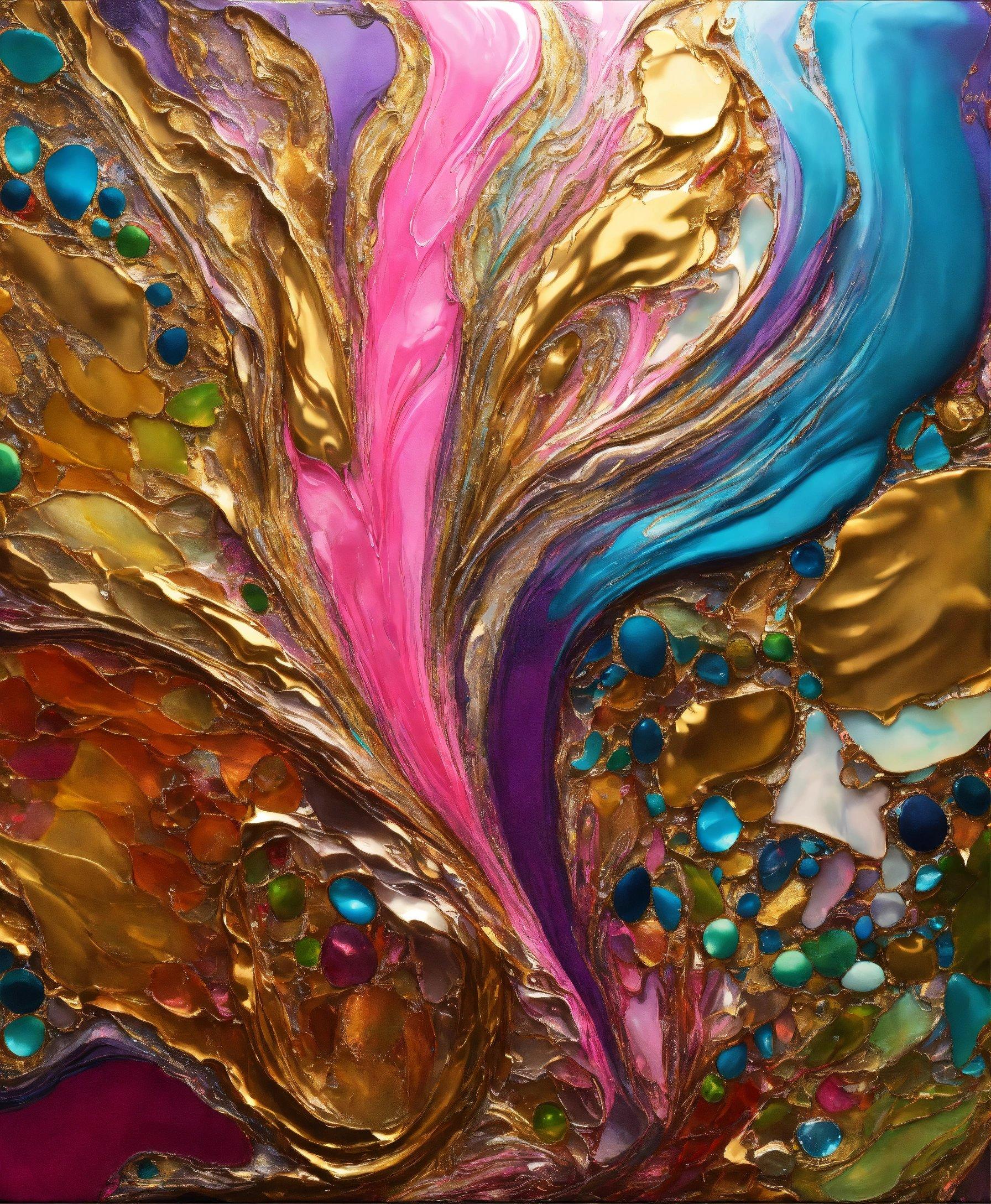 An Abstract Painting With Gold, Blue, And Pink Colors