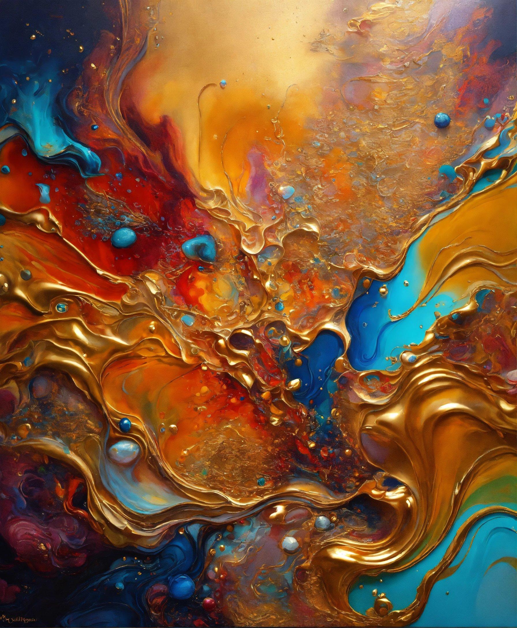 An Abstract Painting With Gold, Blue, And Red Colors