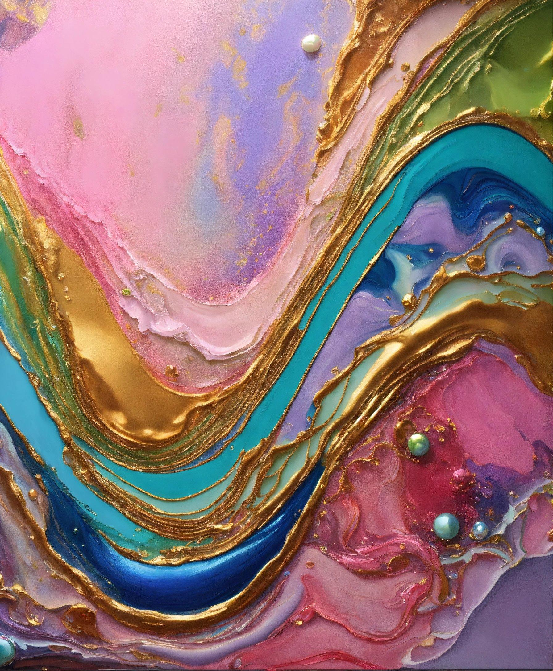 A Painting With Gold, Blue, And Pink Colors