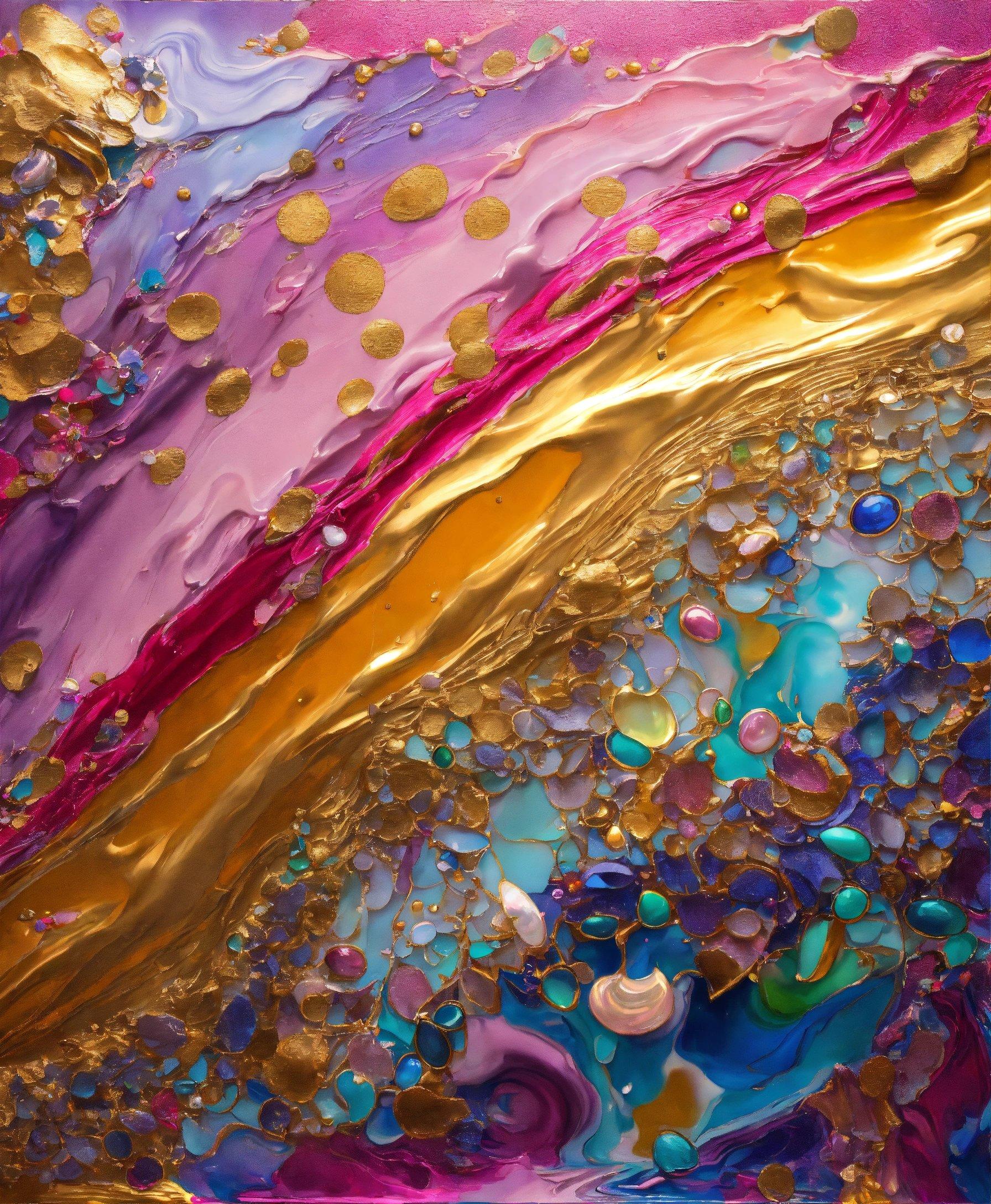 An Abstract Painting With Gold, Purple, And Blue Colors