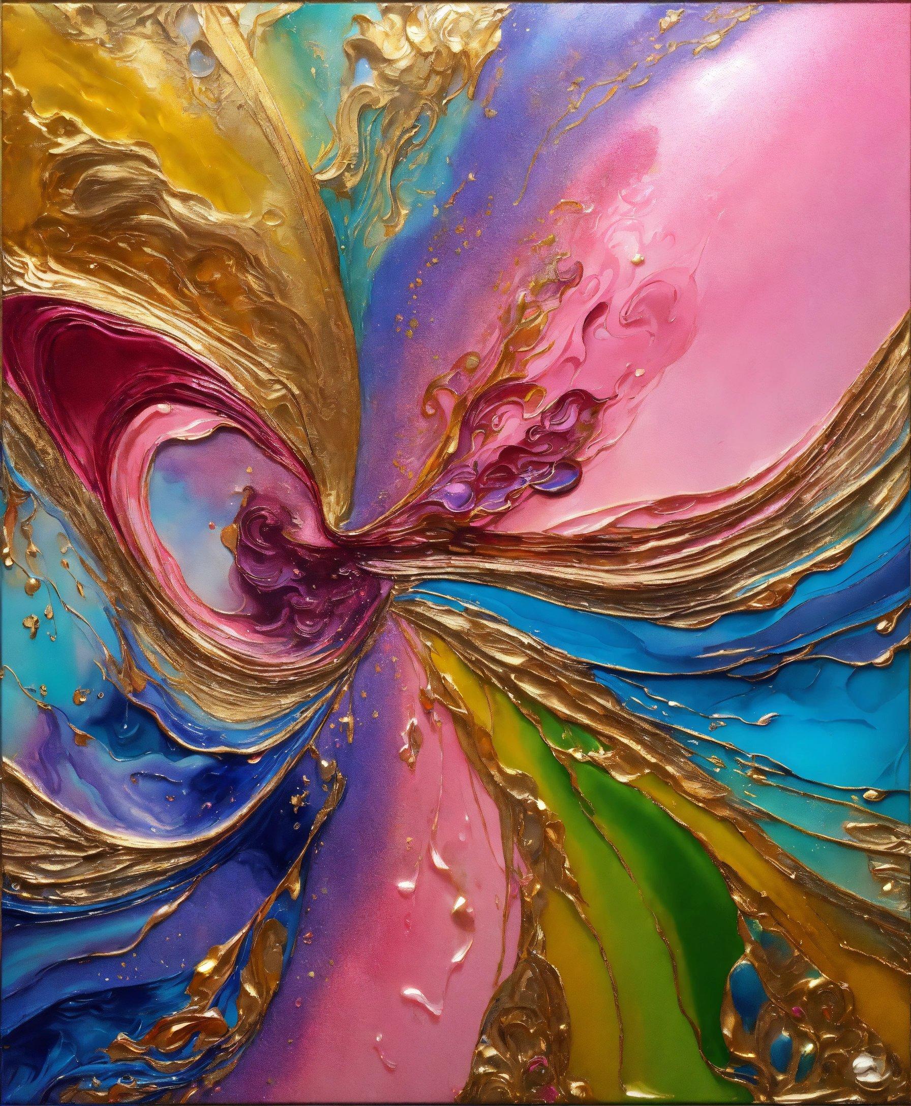 An Abstract Painting With Gold, Blue, And Pink Colors