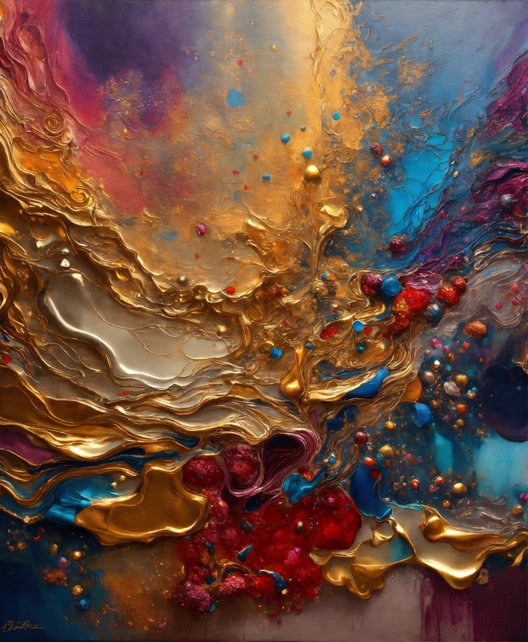 An Abstract Painting With Gold, Blue, And Red Colors