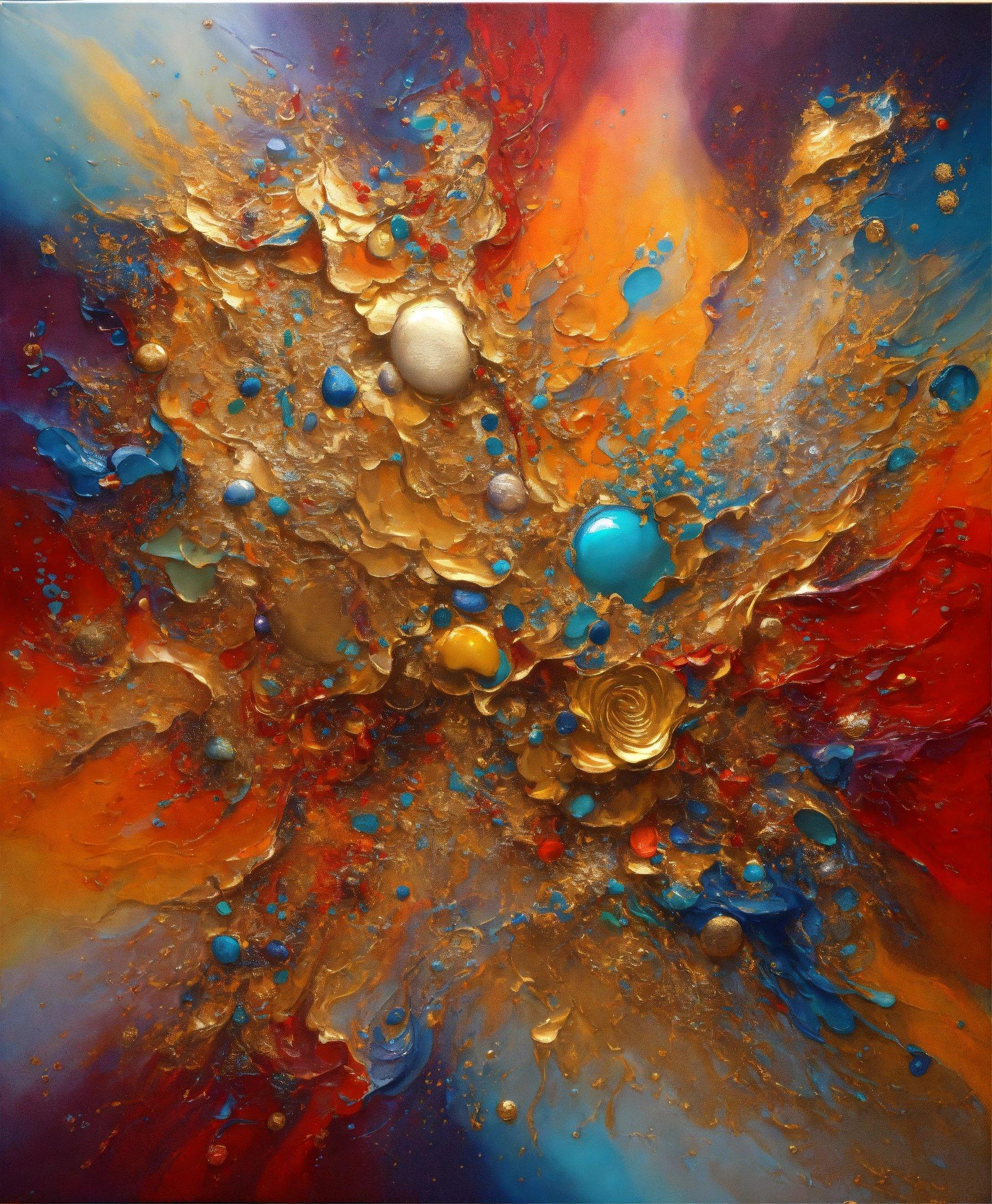 An Abstract Painting With Gold, Blue, And Red Colors