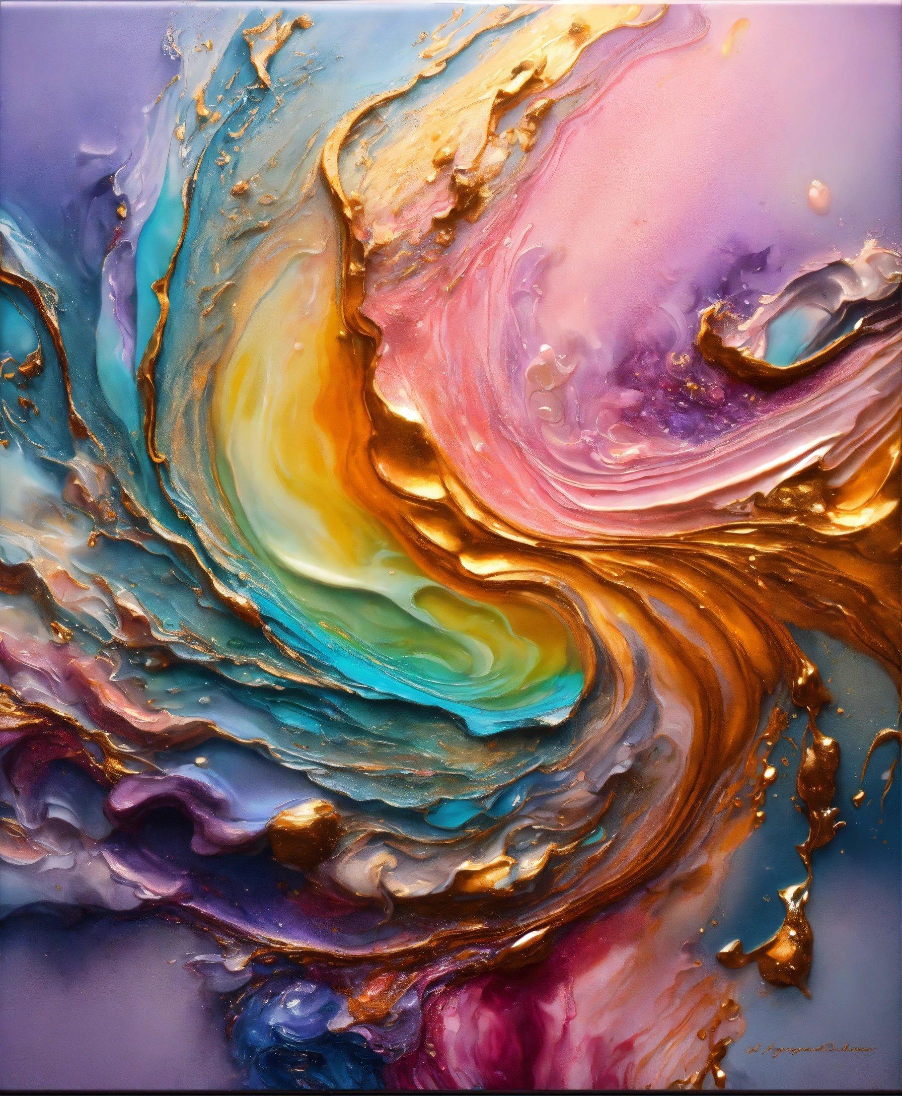 An Abstract Painting With Gold, Blue, And Pink Colors