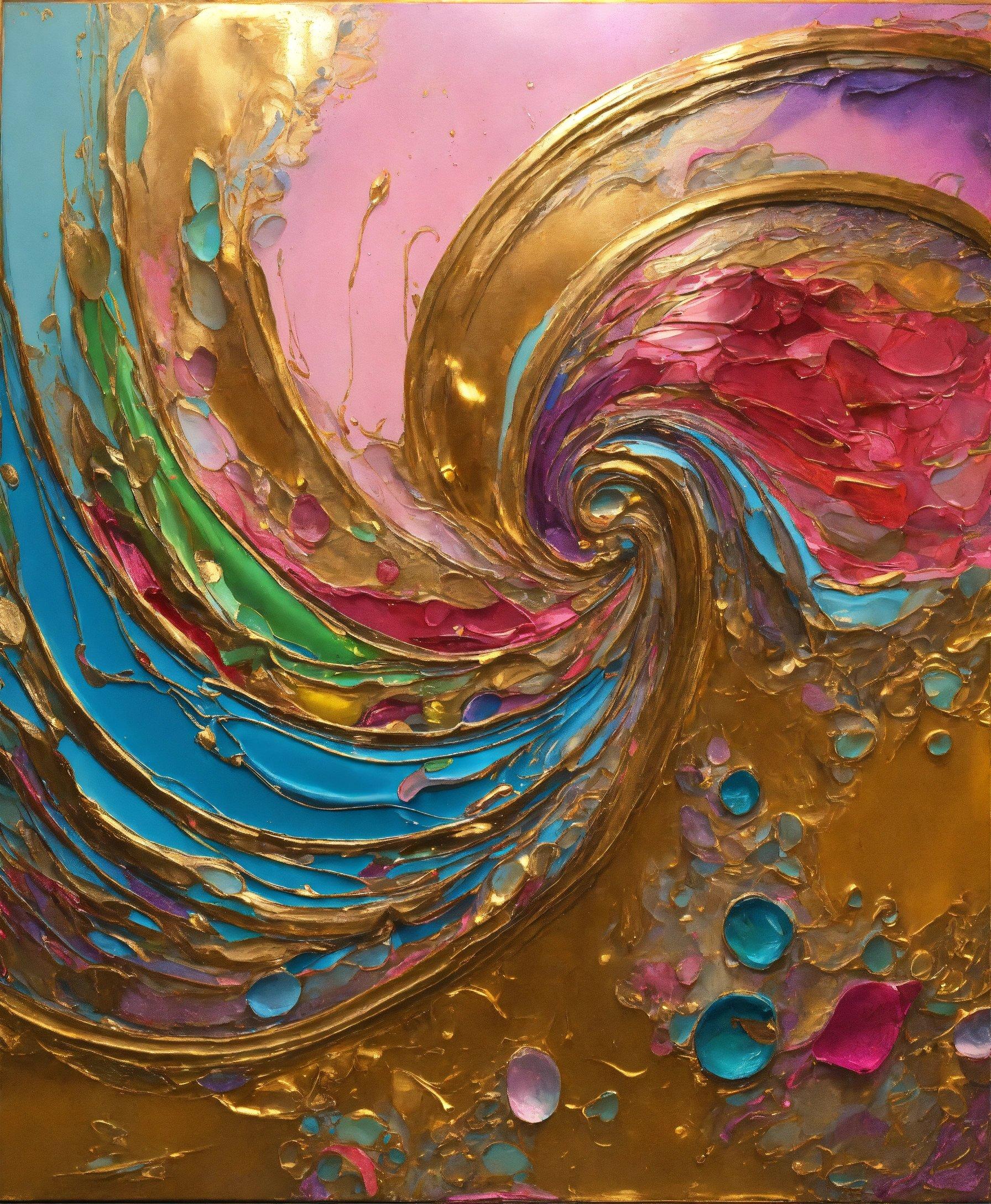 A Painting With Gold, Blue, And Pink Colors