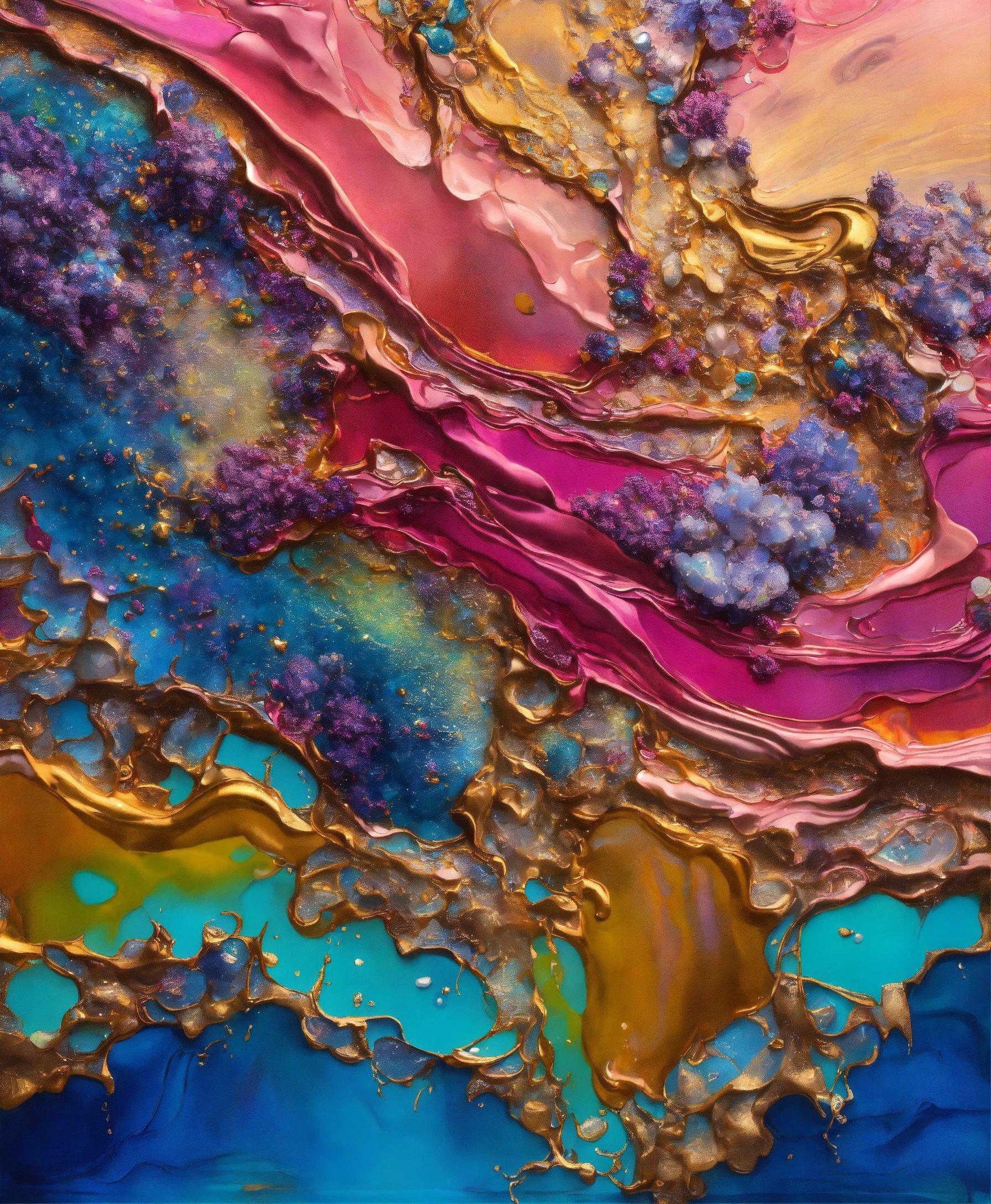 An Abstract Painting With Blue, Pink, And Yellow Colors