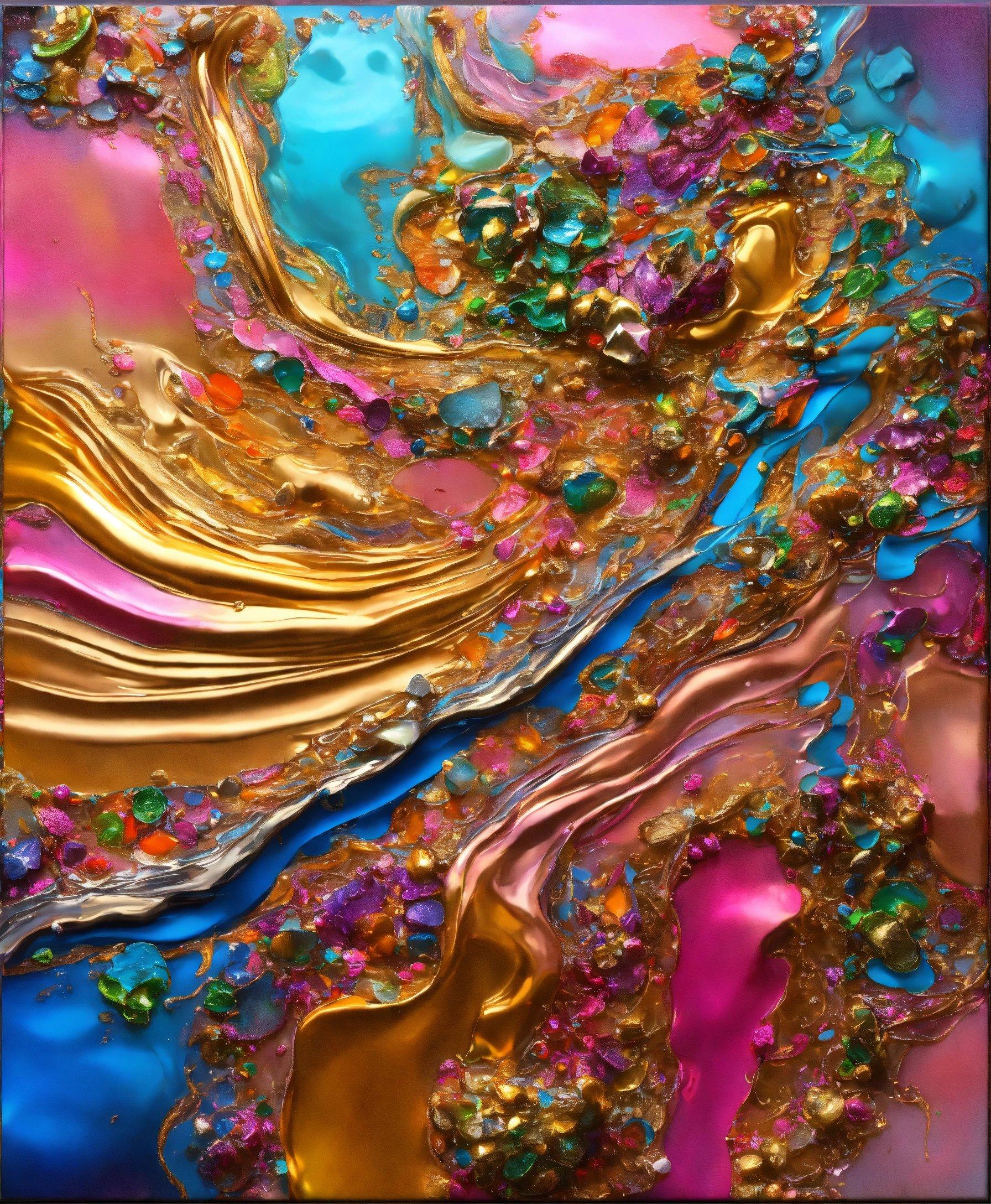 An Abstract Painting With Gold, Blue, And Pink Colors