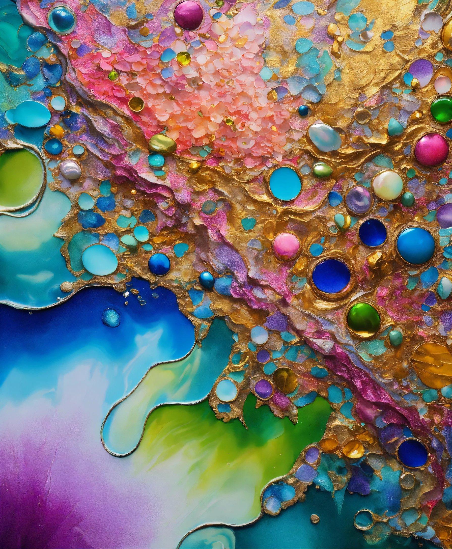 A Painting With Lots Of Different Colors And Bubbles