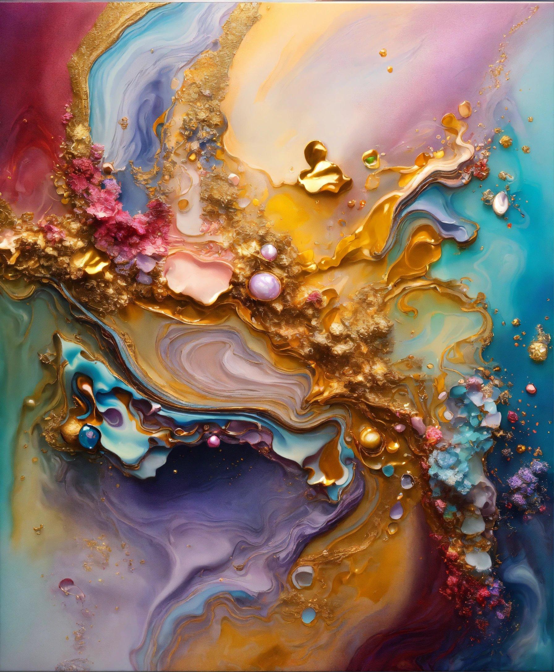 An Abstract Painting With Gold, Blue, And Pink Colors