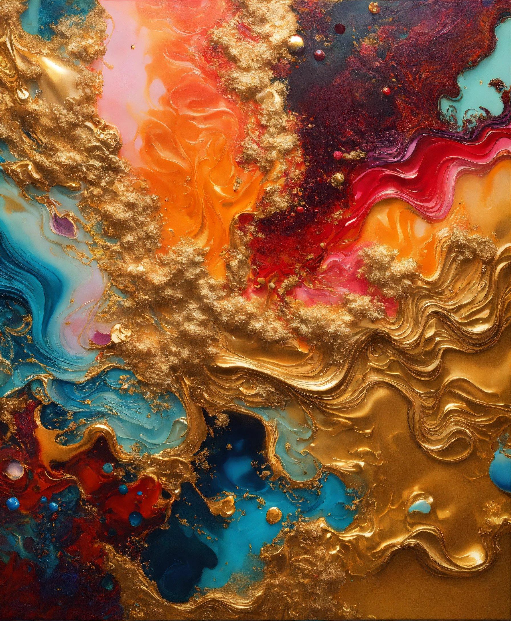 An Abstract Painting With Gold, Blue, And Red Colors