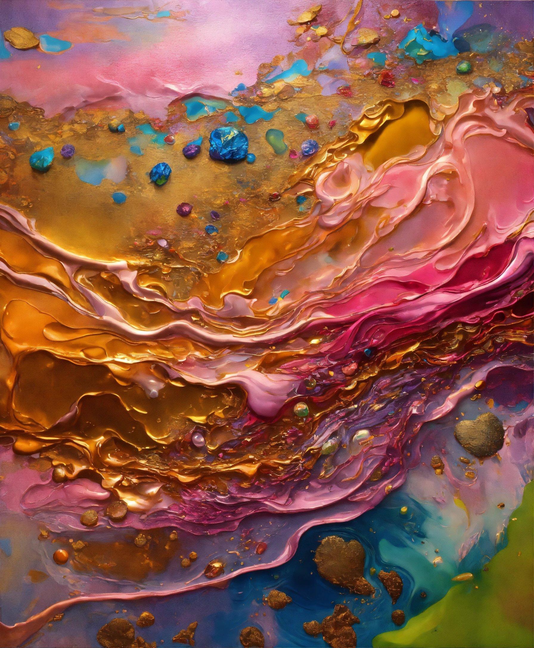 An Abstract Painting With Gold, Blue, And Pink Colors