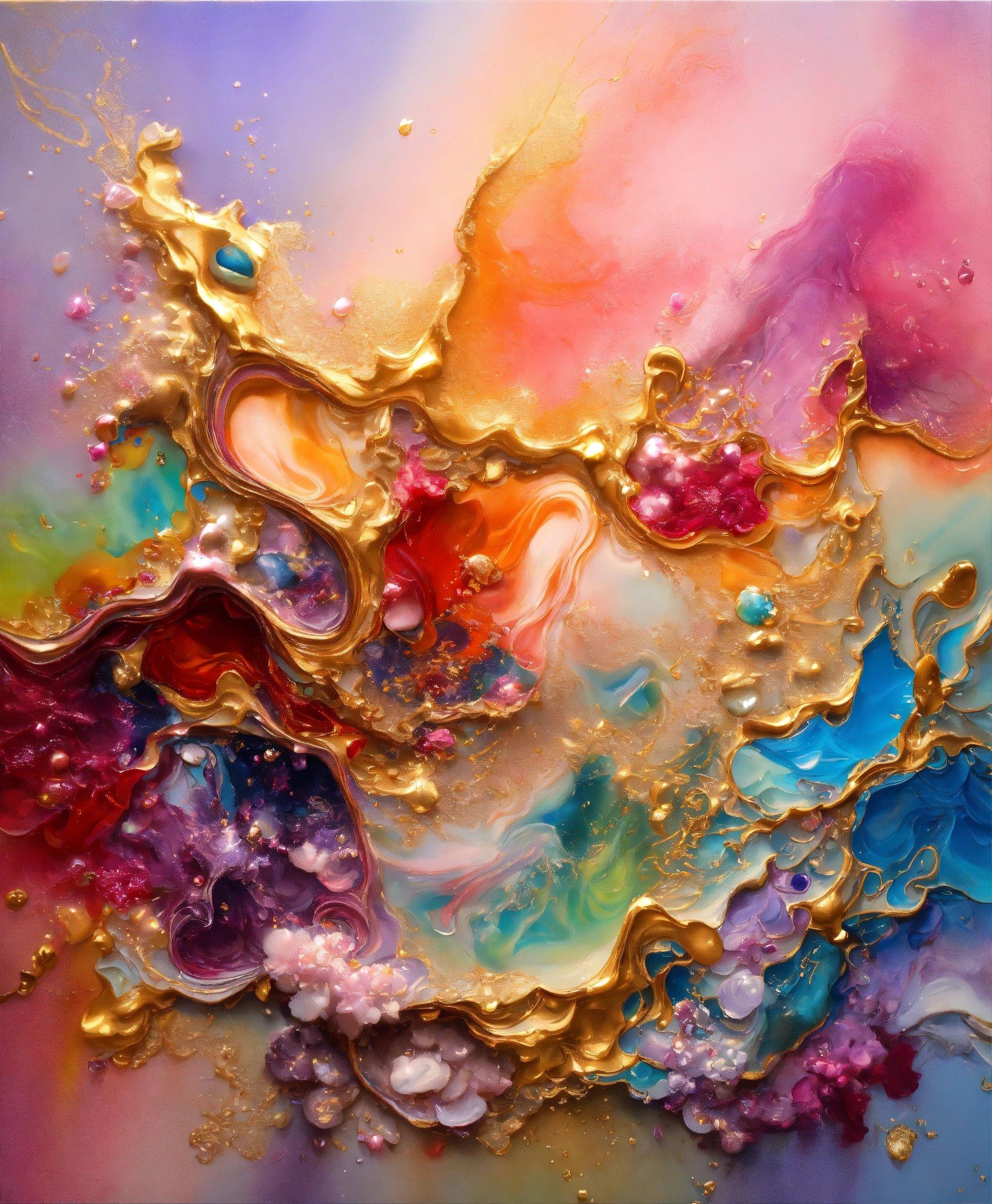 An Abstract Painting With Gold, Blue, And Pink Colors