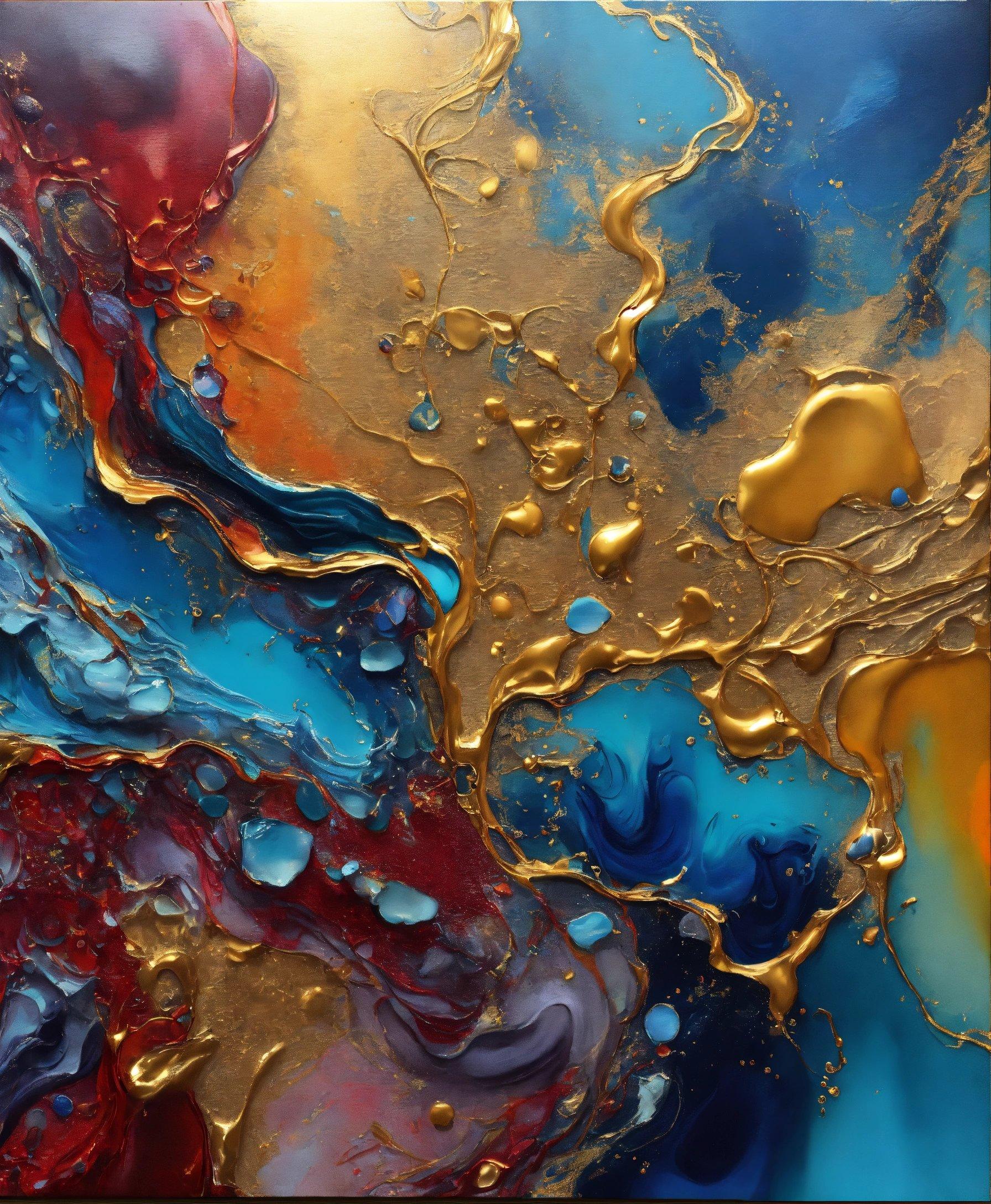 An Abstract Painting With Gold, Blue, And Red Colors