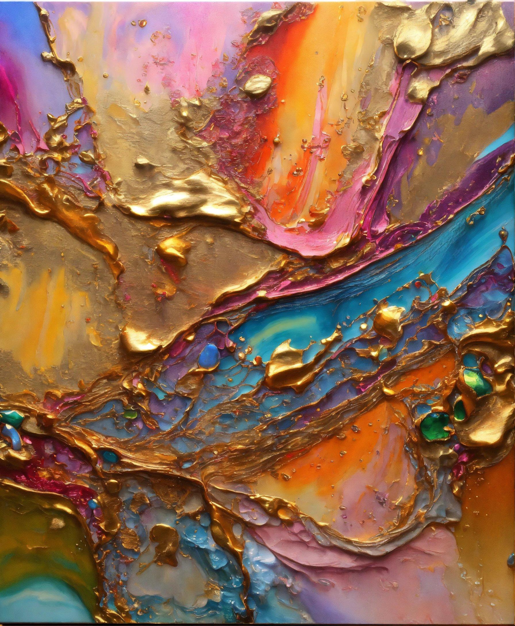 An Abstract Painting With Gold, Blue, And Pink Colors