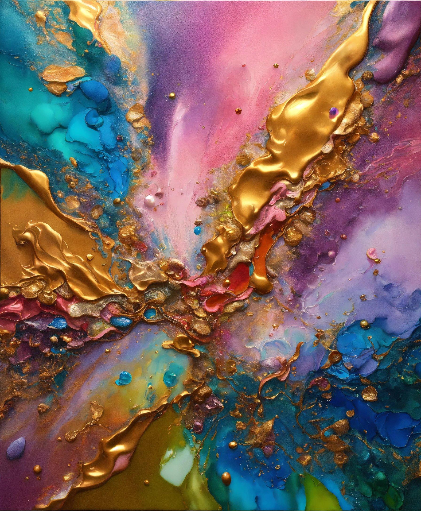 An Abstract Painting With Gold, Blue, And Pink Colors