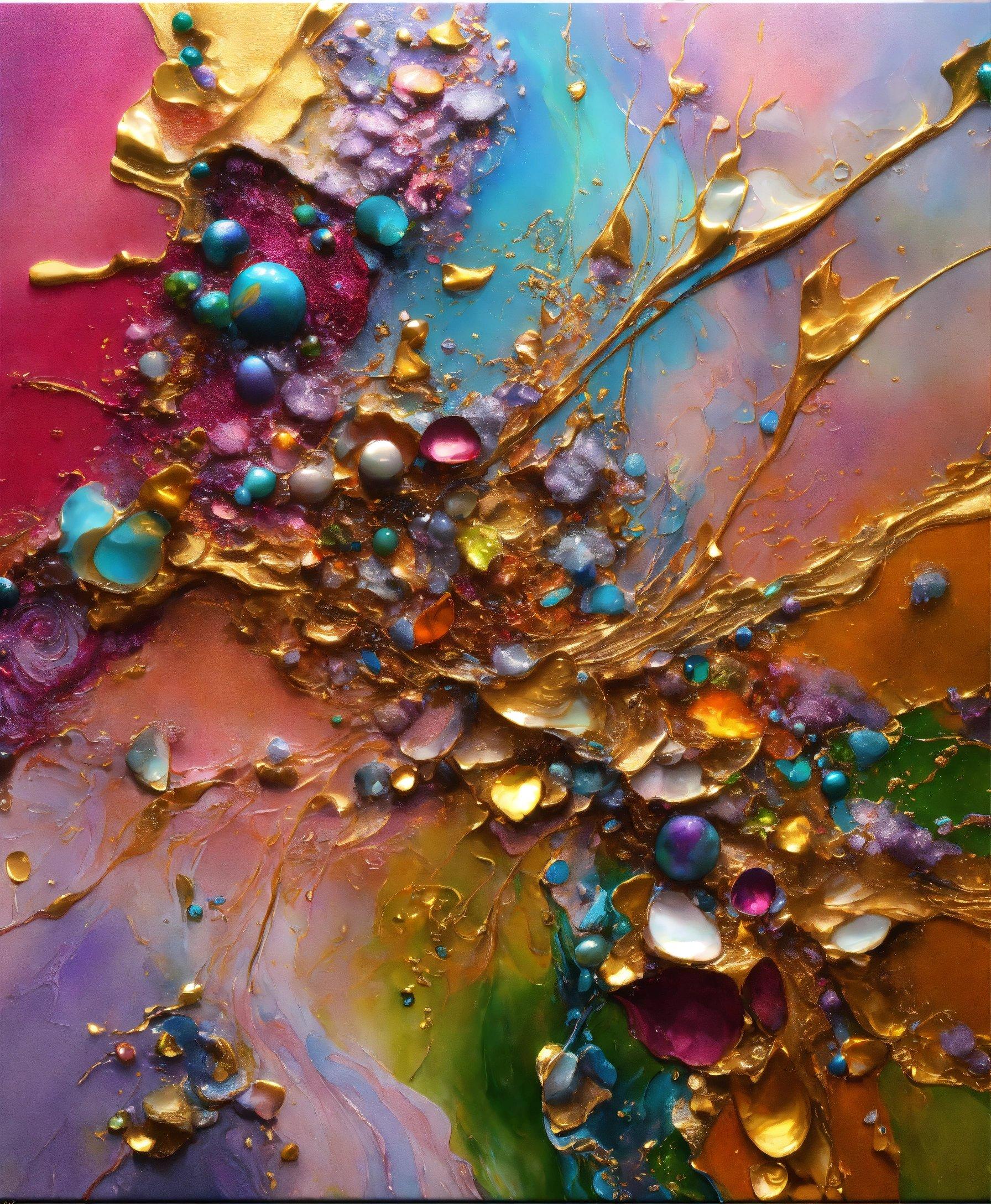 An Abstract Painting With Gold, Blue, And Pink Colors