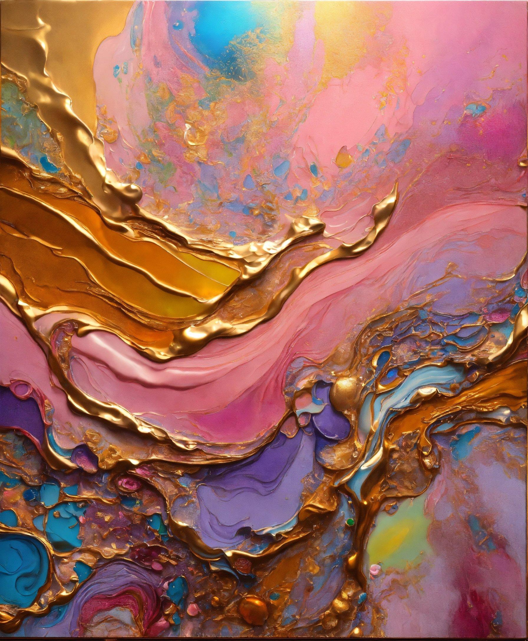 An Abstract Painting With Gold, Pink, And Blue Colors