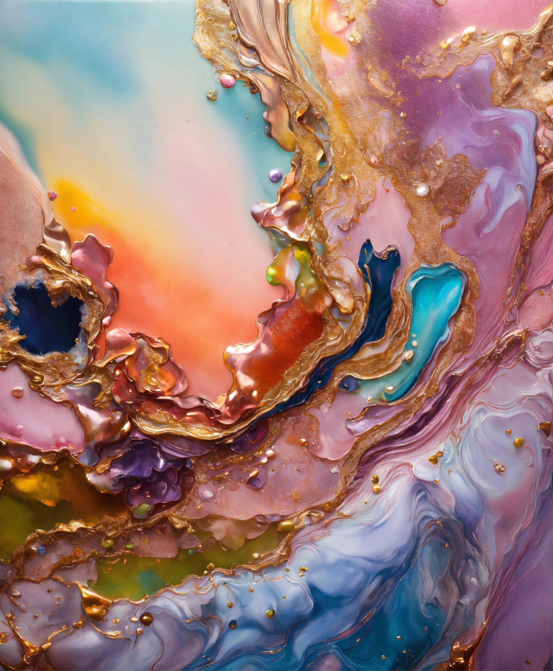 A Close Up Of An Abstract Painting With Gold And Blue Colors