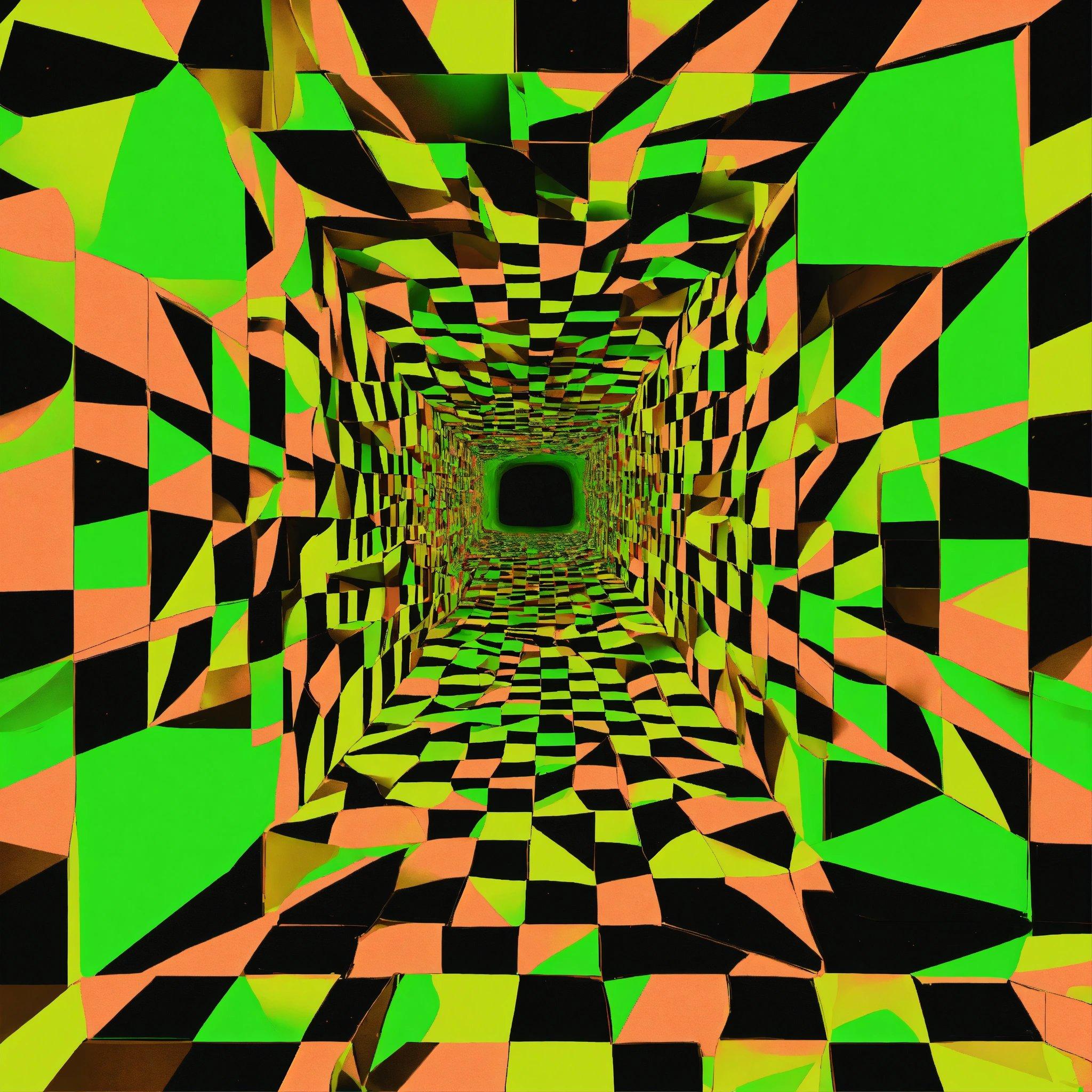 An Abstract Image Of A Black Hole In The Middle Of A Green And Orange Tunnel