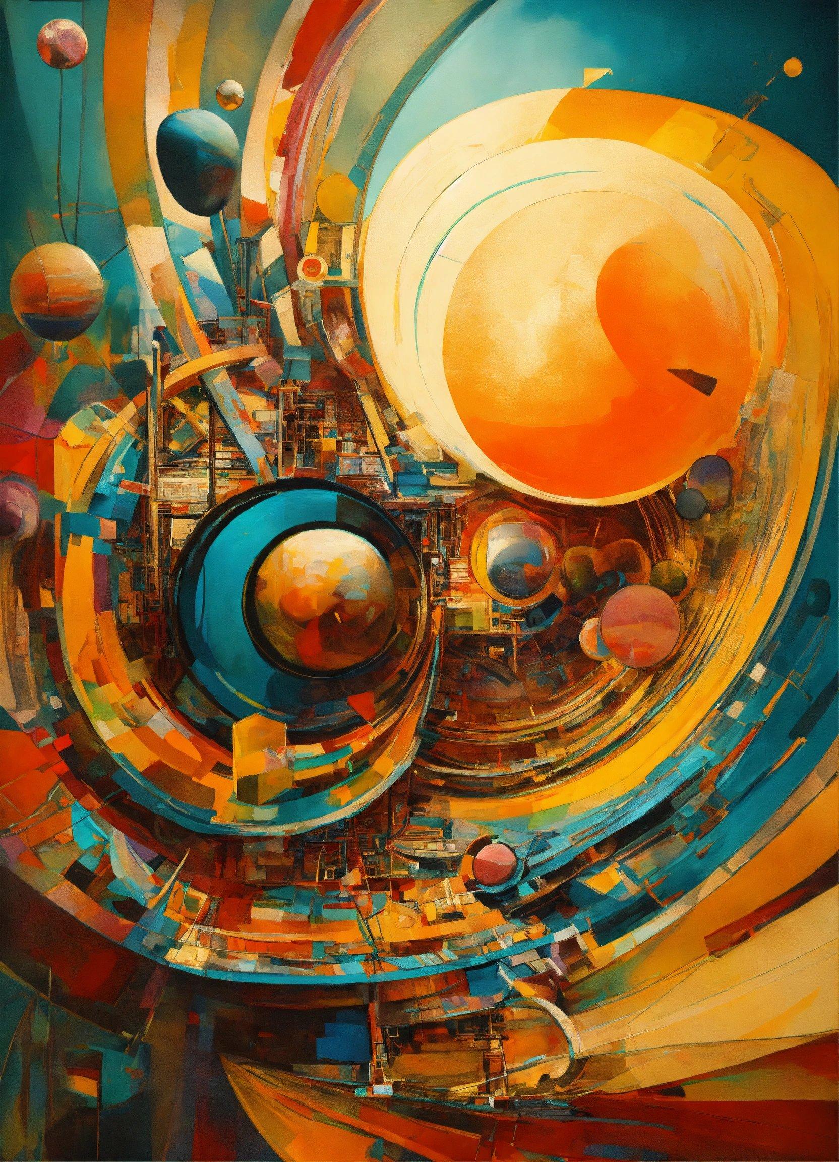 An Abstract Painting Of A City Surrounded By Planets