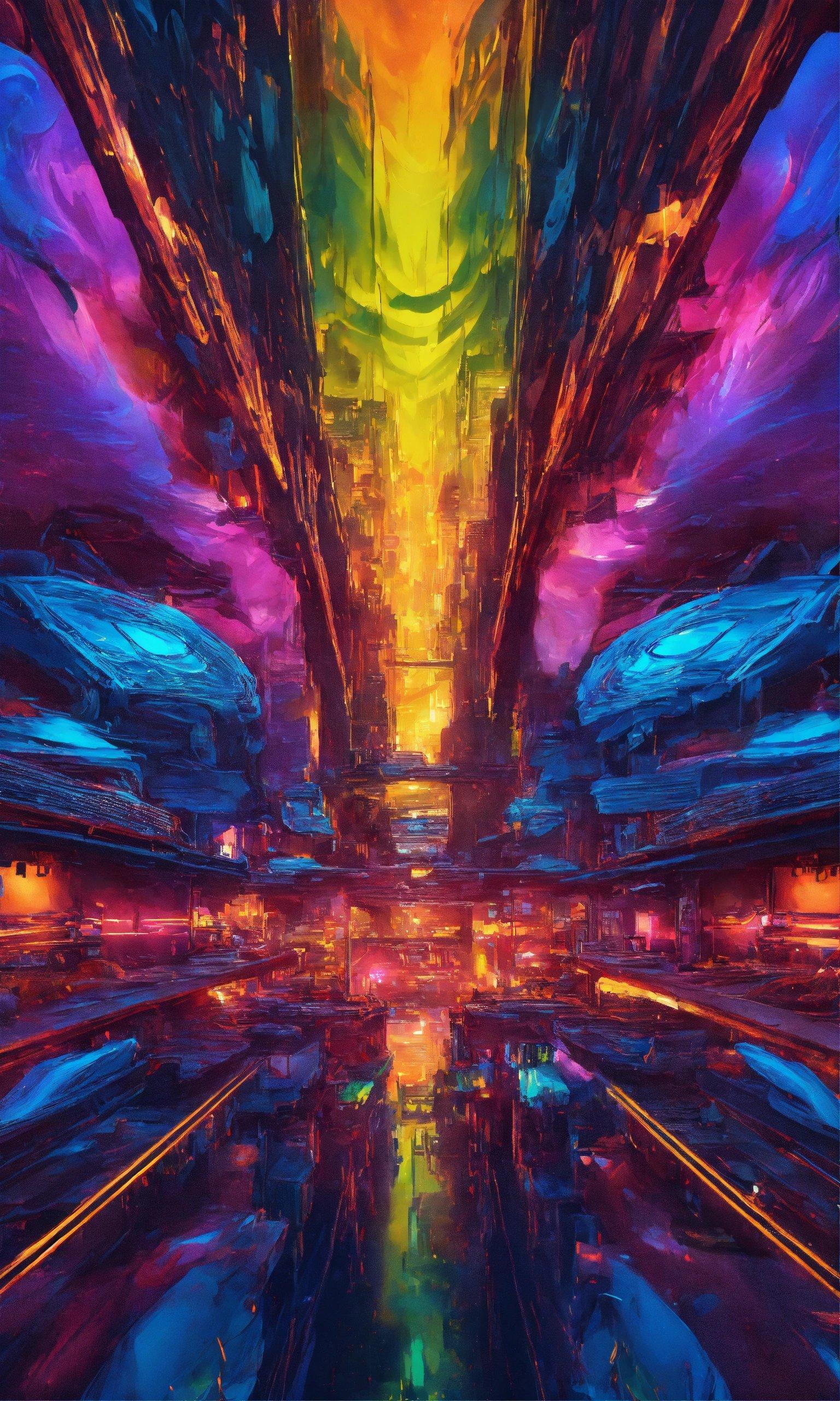 An Abstract Painting Of A City With Bright Colors