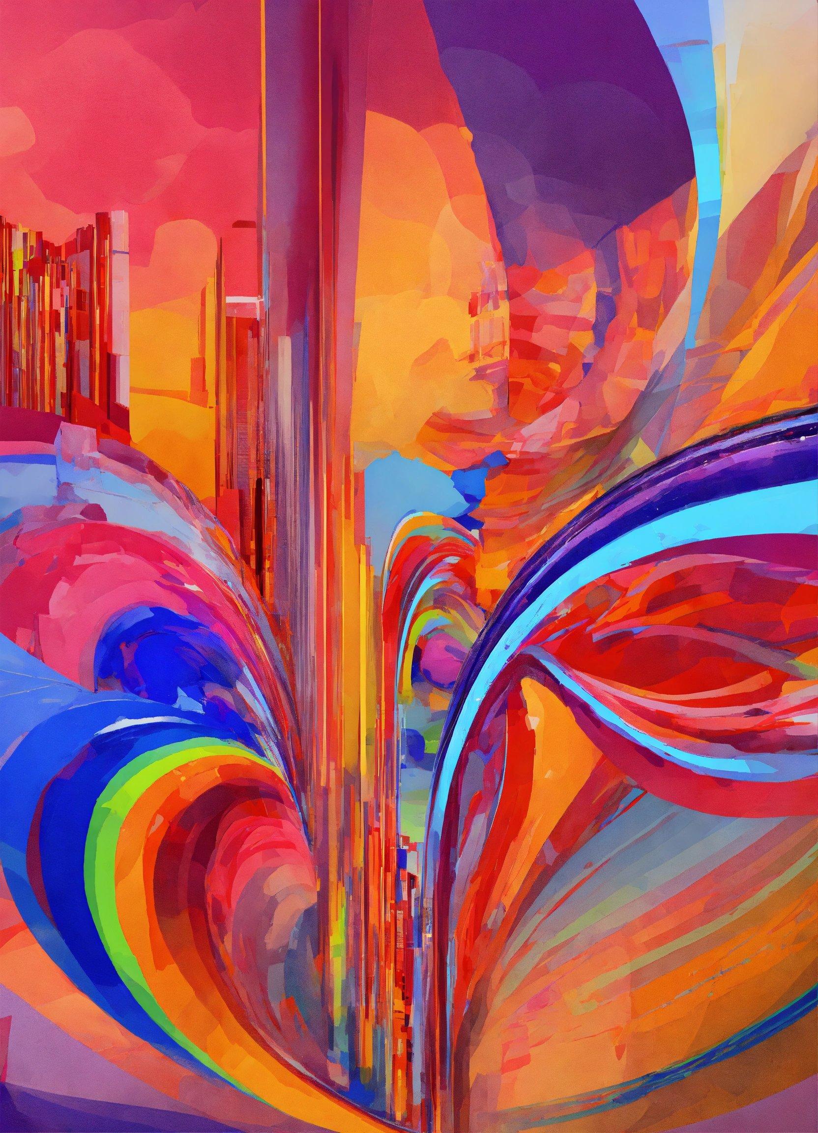 An Abstract Painting Of A City With Buildings