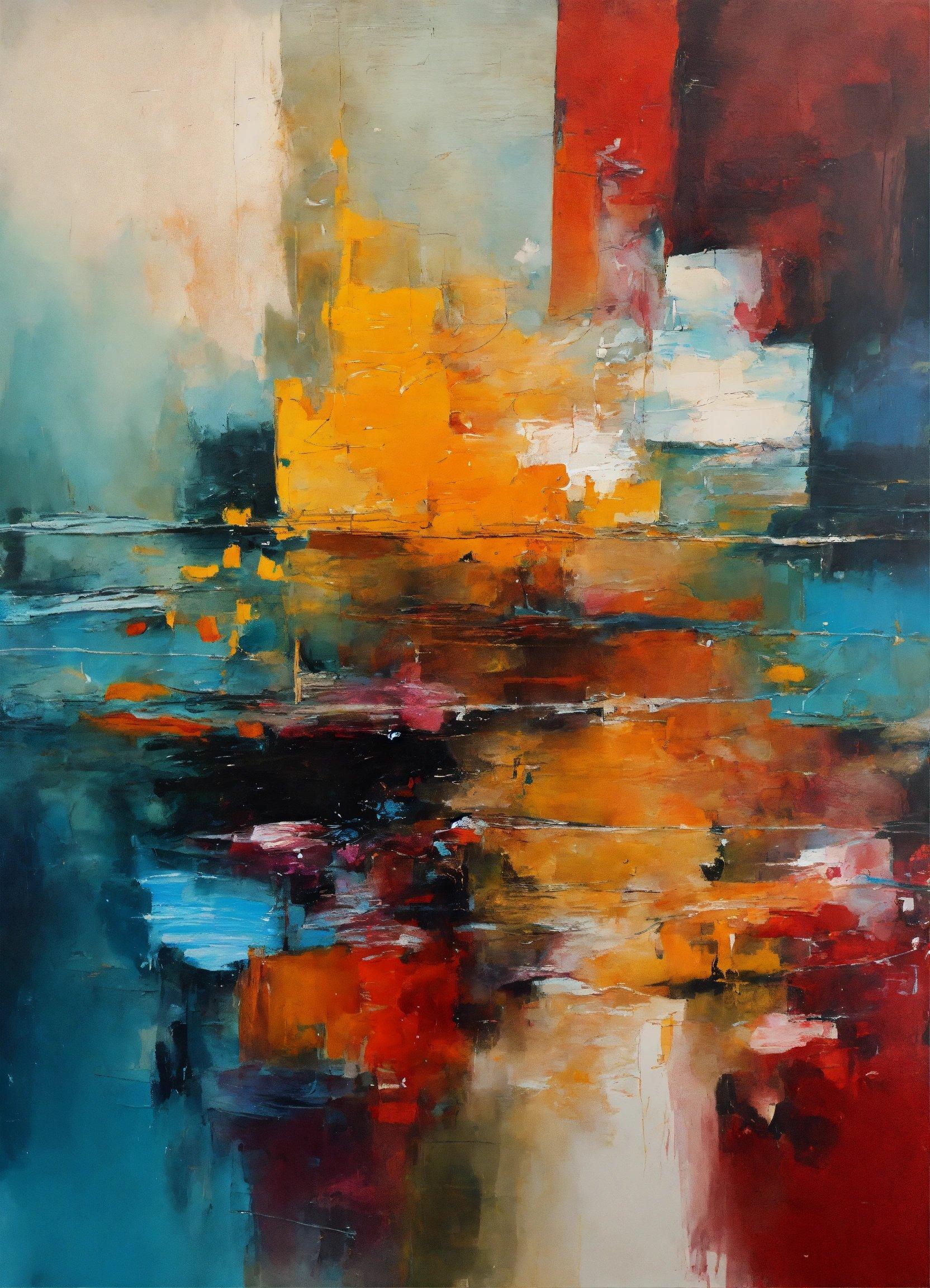 An Abstract Painting Of A Cityscape With Red, Yellow, And Blue Colors