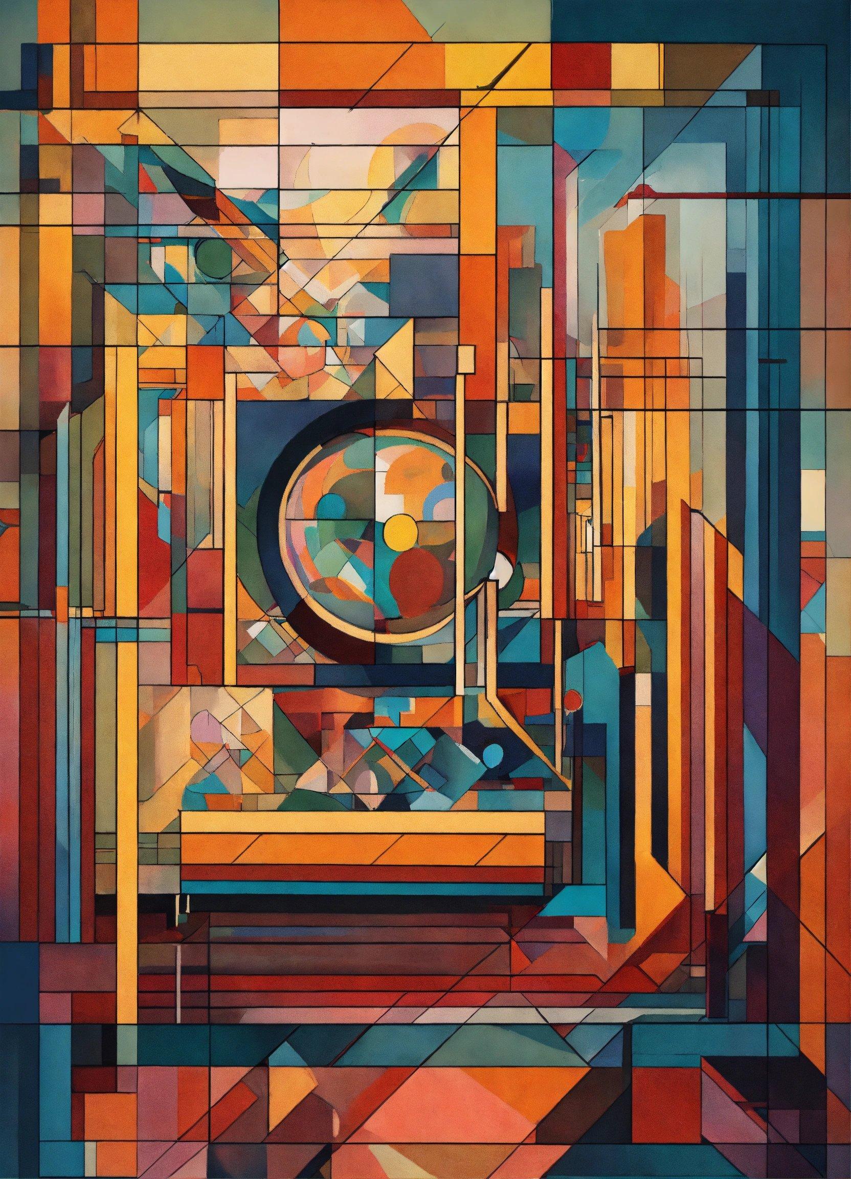 An Abstract Painting Of A Clock Surrounded By Geometric Shapes