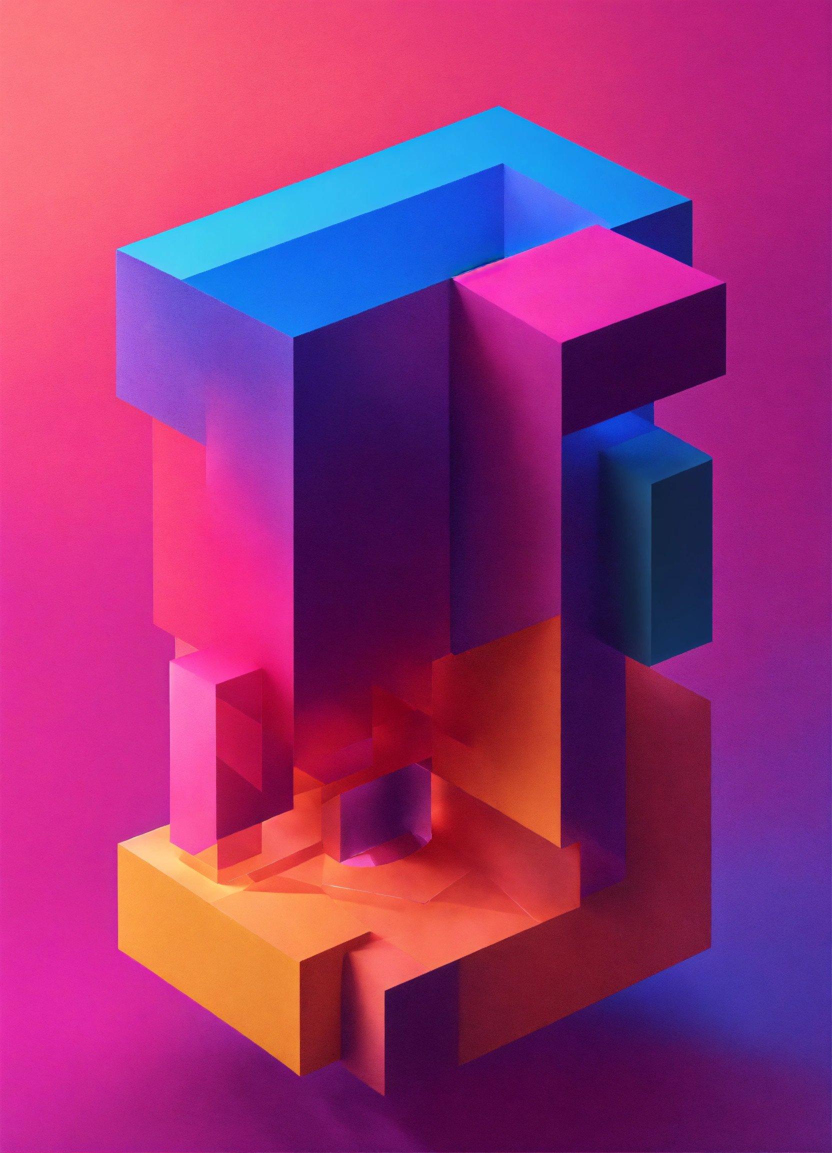 An Abstract Painting Of A Cube On A Pink And Purple Background