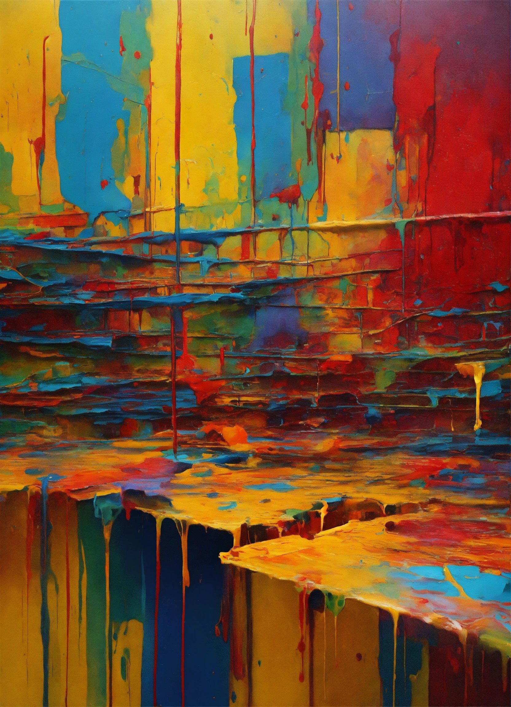 An Abstract Painting Of A Multicolored Cityscape