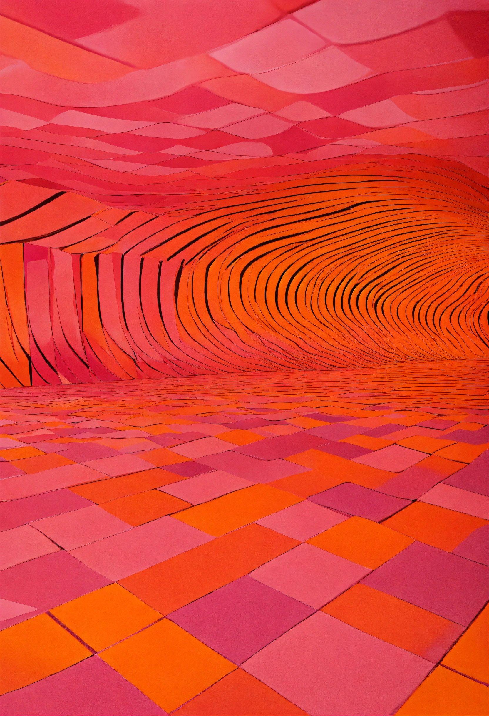 An Abstract Painting Of A Pink And Orange Room