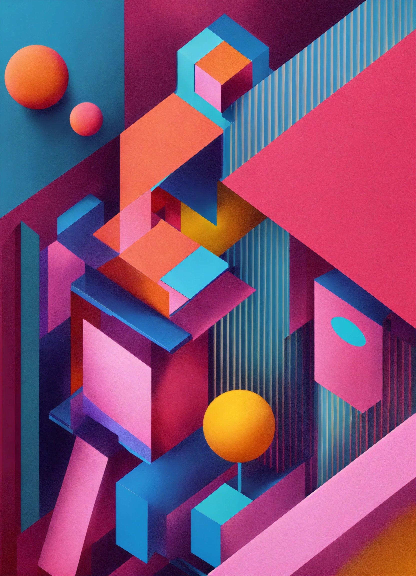 An Abstract Painting Of A Pink, Blue, And Orange Structure