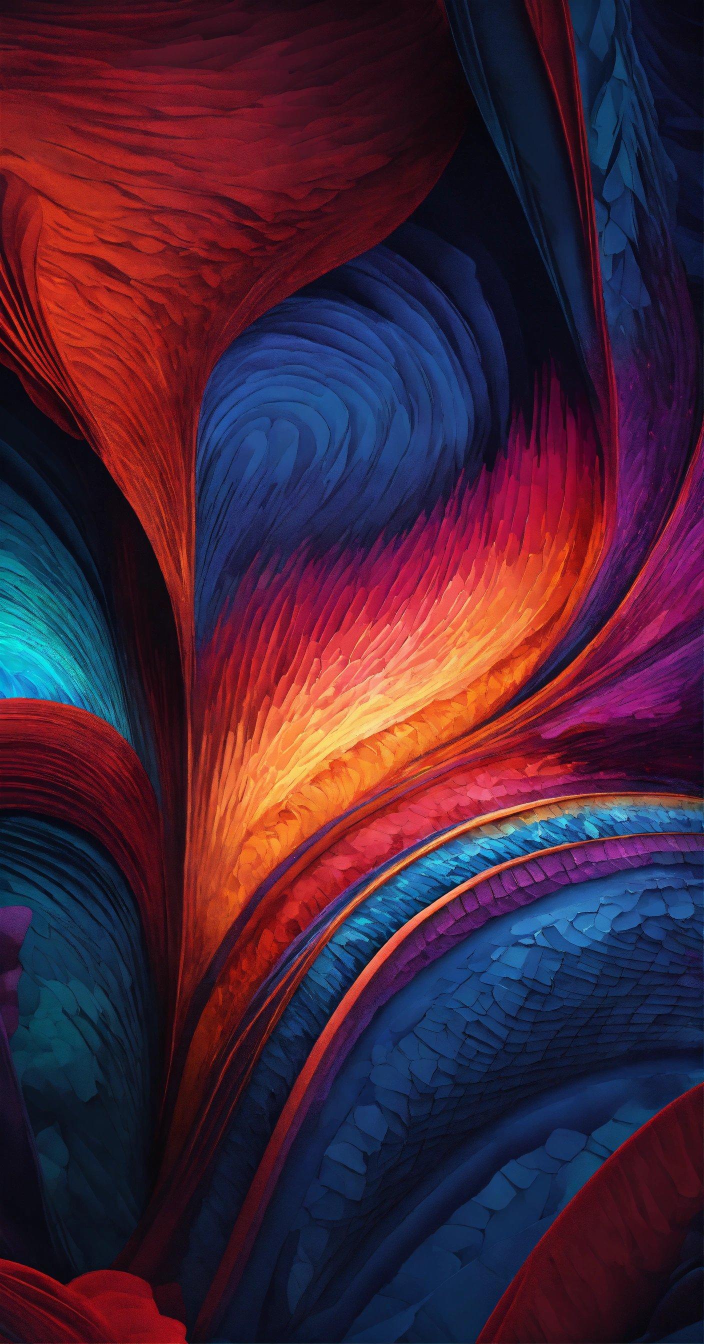 An Abstract Painting Of A Red, Blue, And Orange Swirl