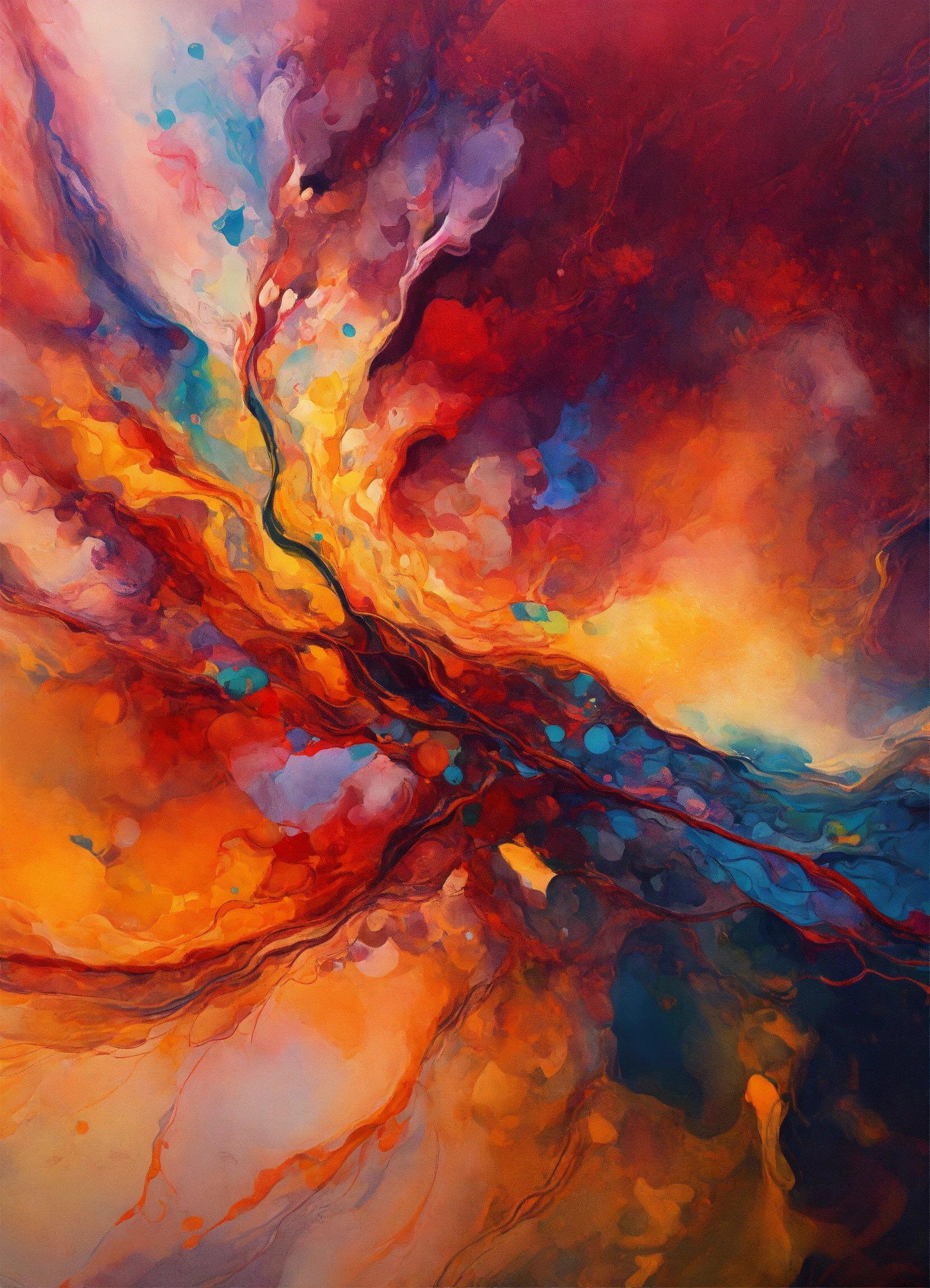 An Abstract Painting Of A Red, Orange, And Blue Swirl