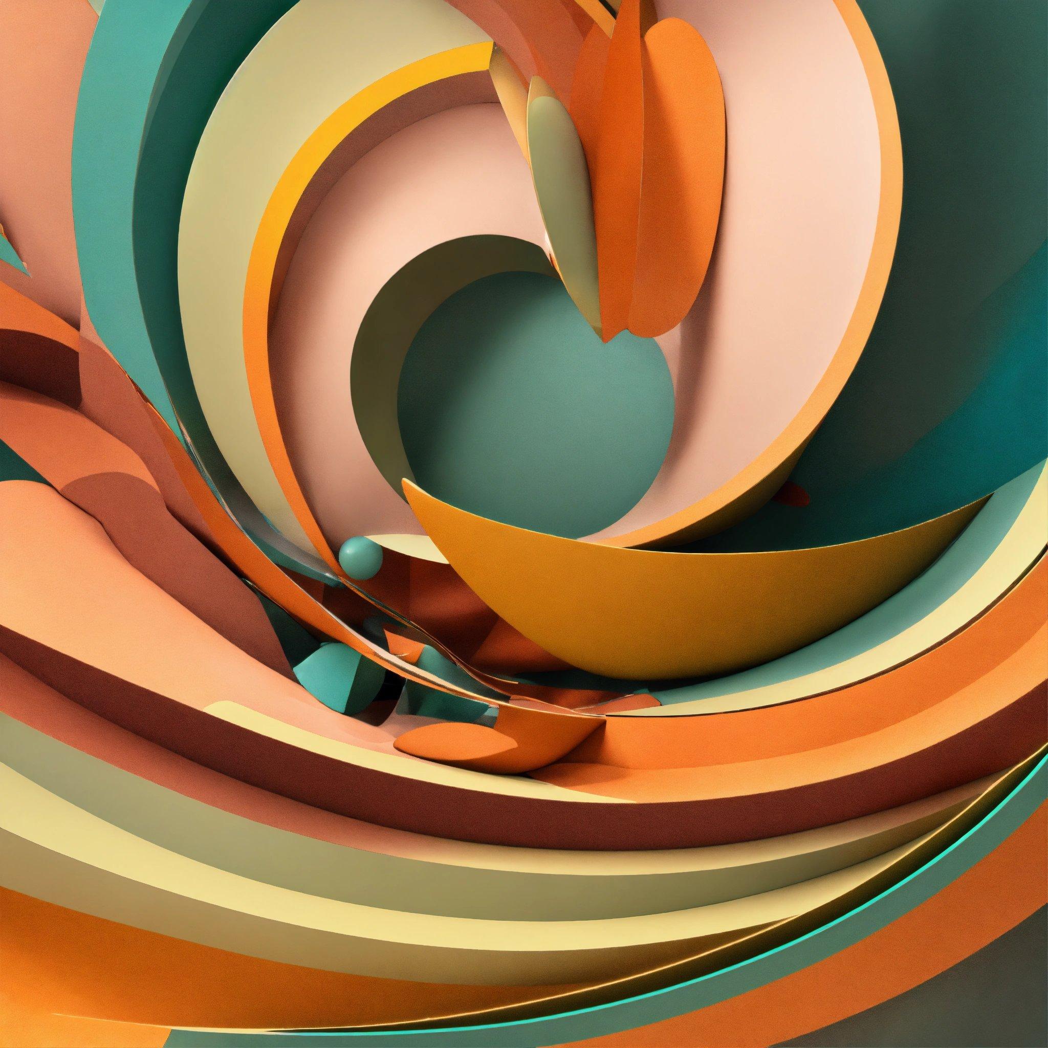 An Abstract Painting Of A Spiral Design With Orange, Blue, And Green Colors