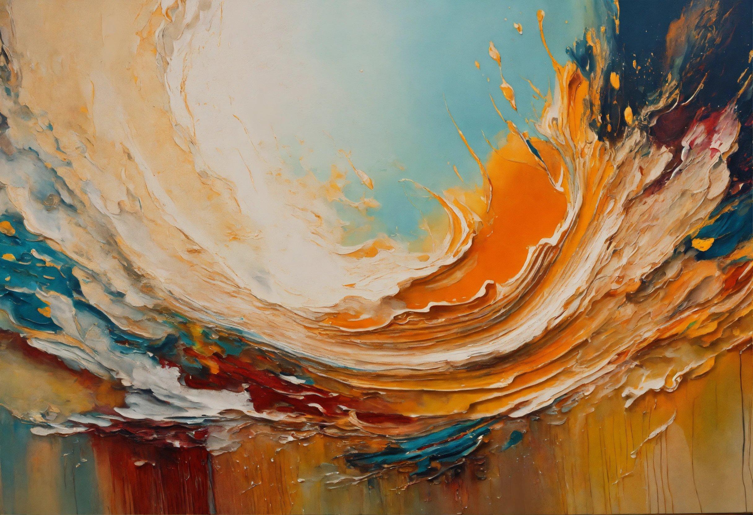 An Abstract Painting Of A Wave In Orange, Blue, And Yellow