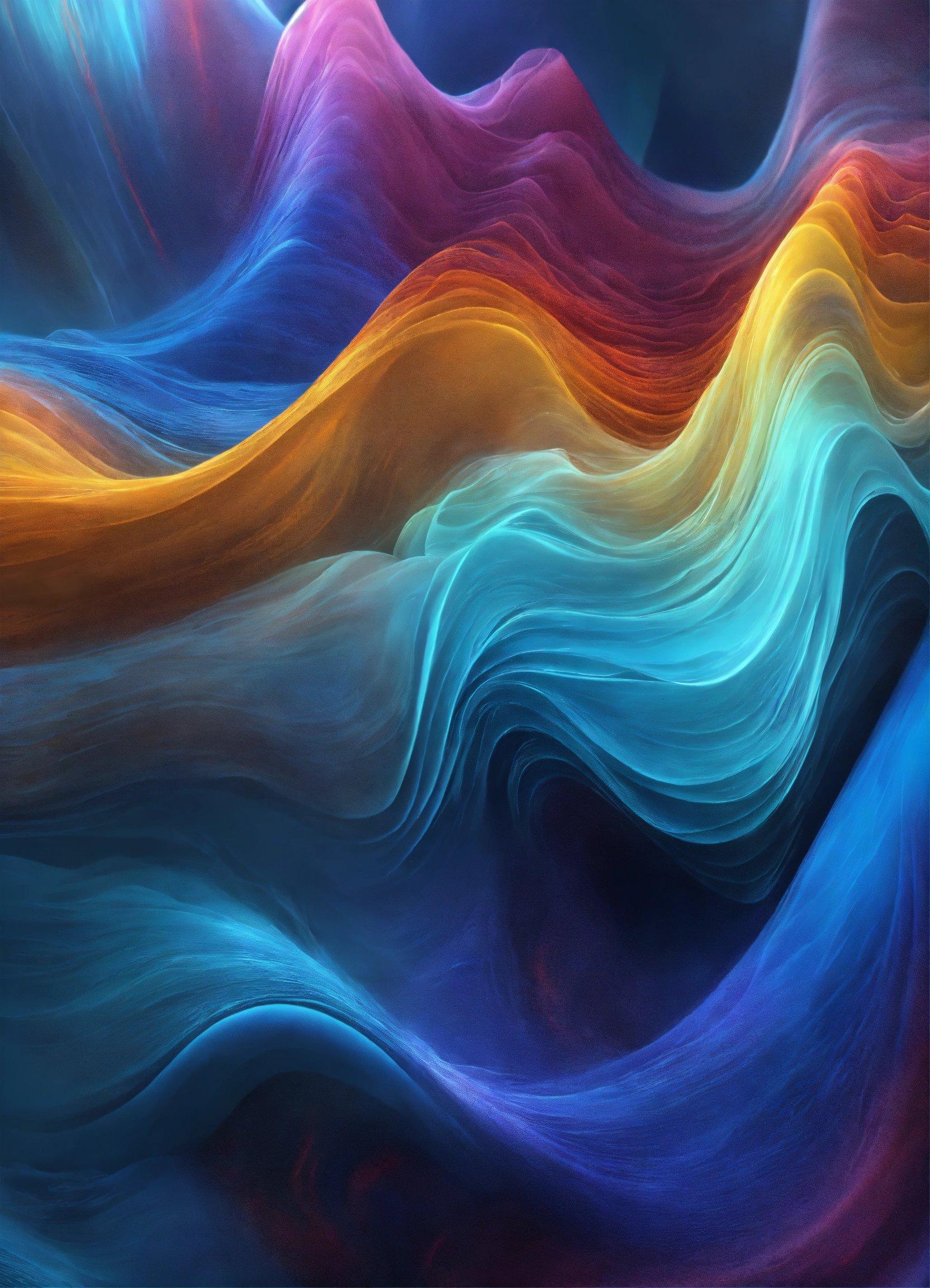 An Abstract Painting Of A Wave Of Blue, Orange, And Yellow