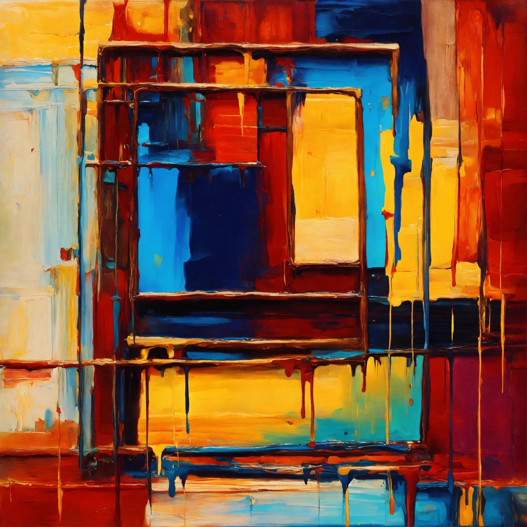 An Abstract Painting Of A Window With Blue, Yellow, And Red Colors