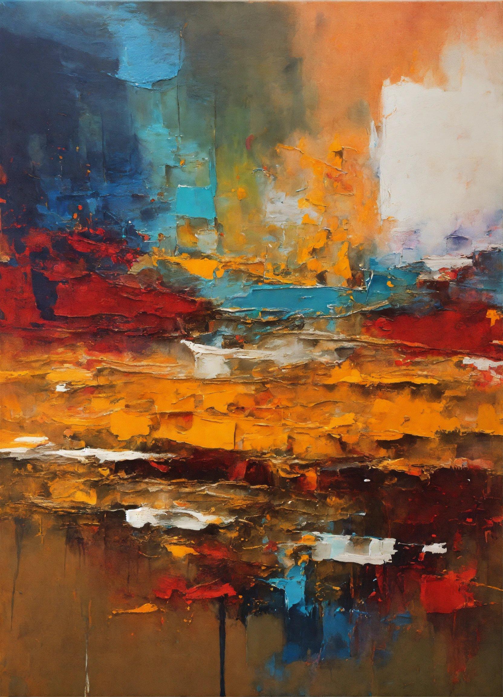 An Abstract Painting Of A Yellow, Red, And Blue Sky