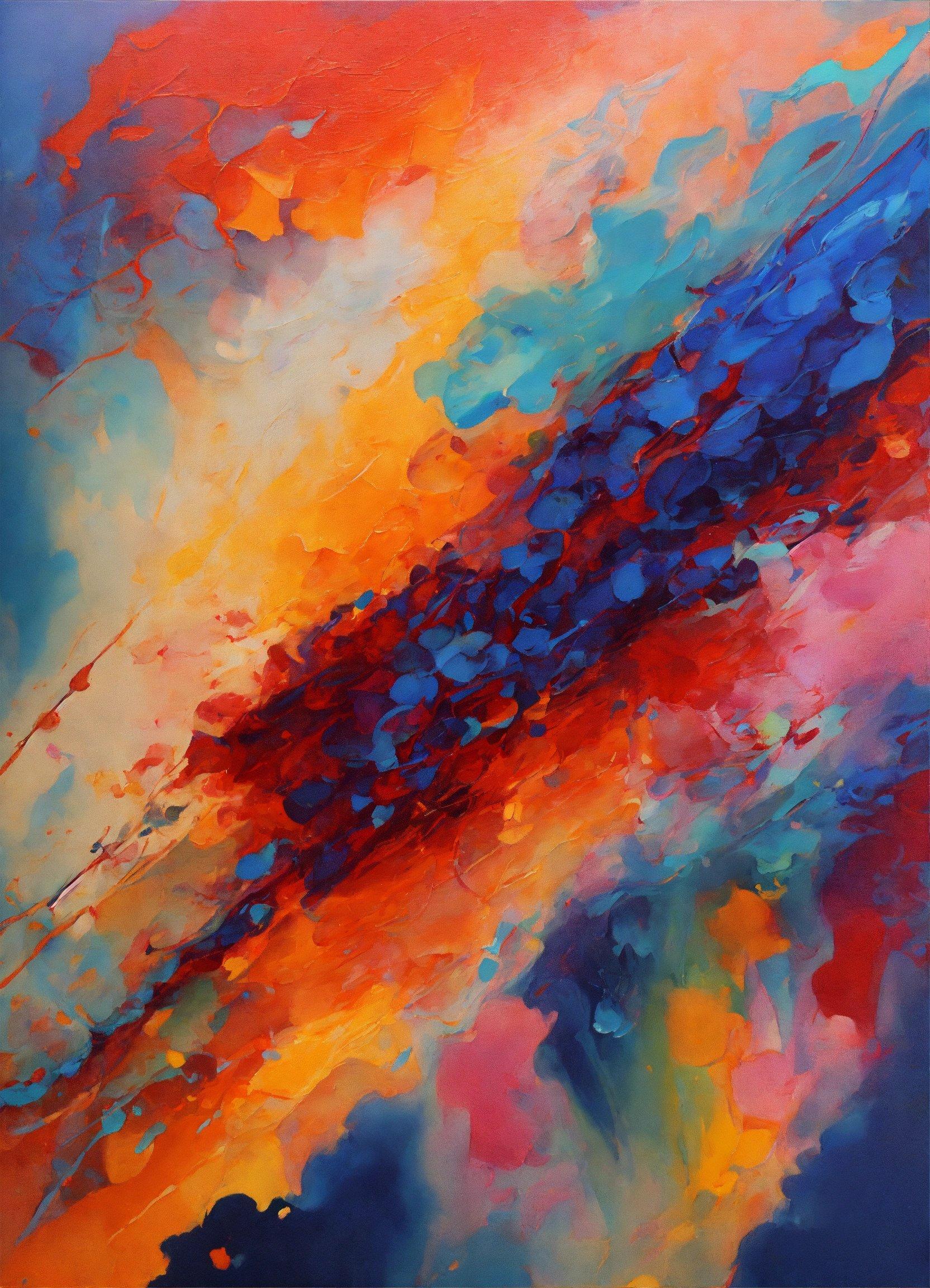 An Abstract Painting Of Blue, Orange, And Red Colors