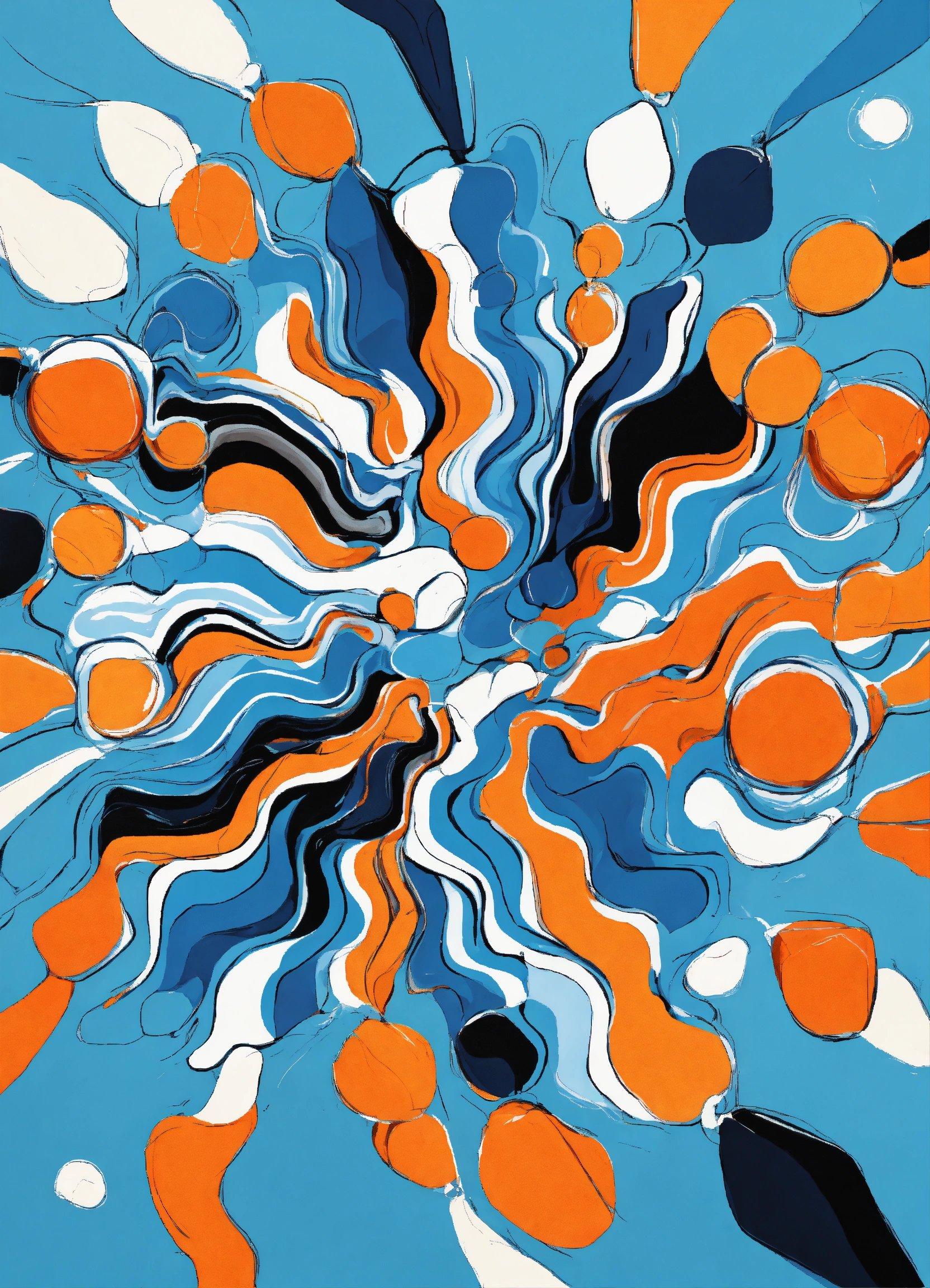 An Abstract Painting Of Blue, Orange And White Shapes