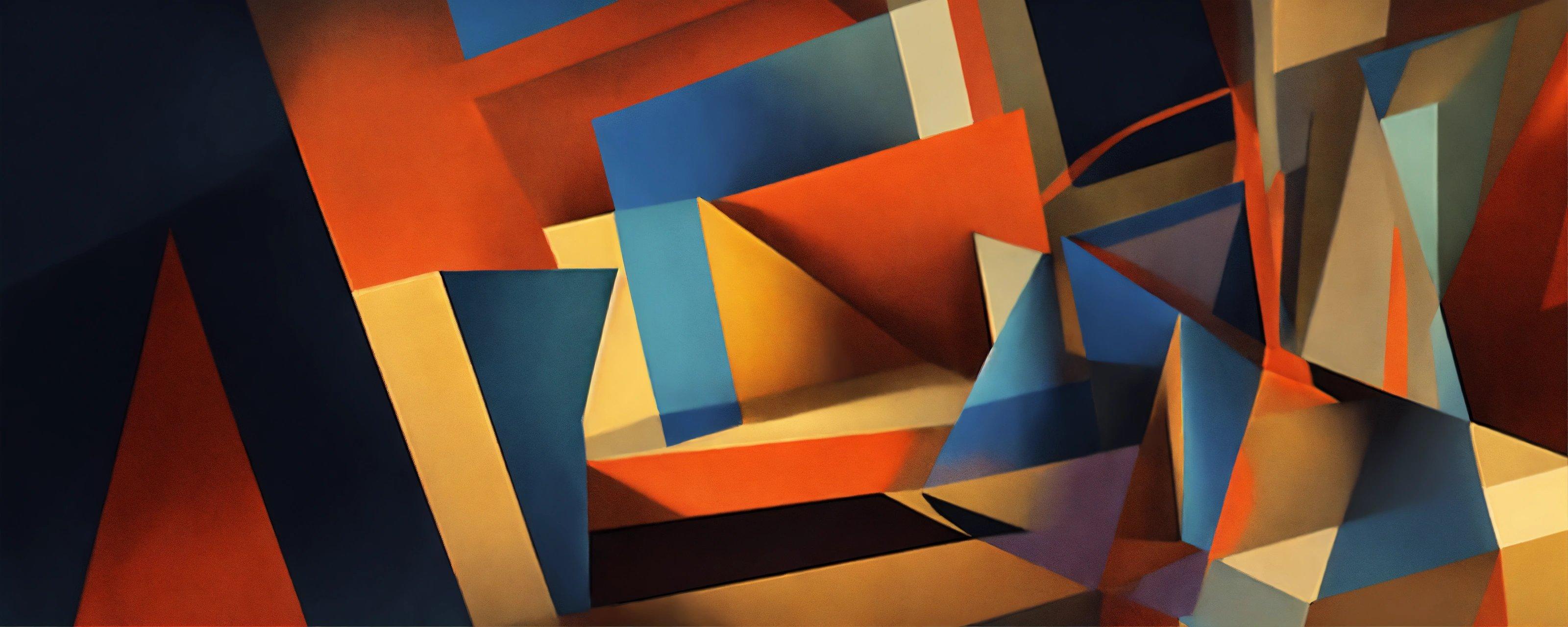 An Abstract Painting Of Blue, Orange, And Yellow Shapes